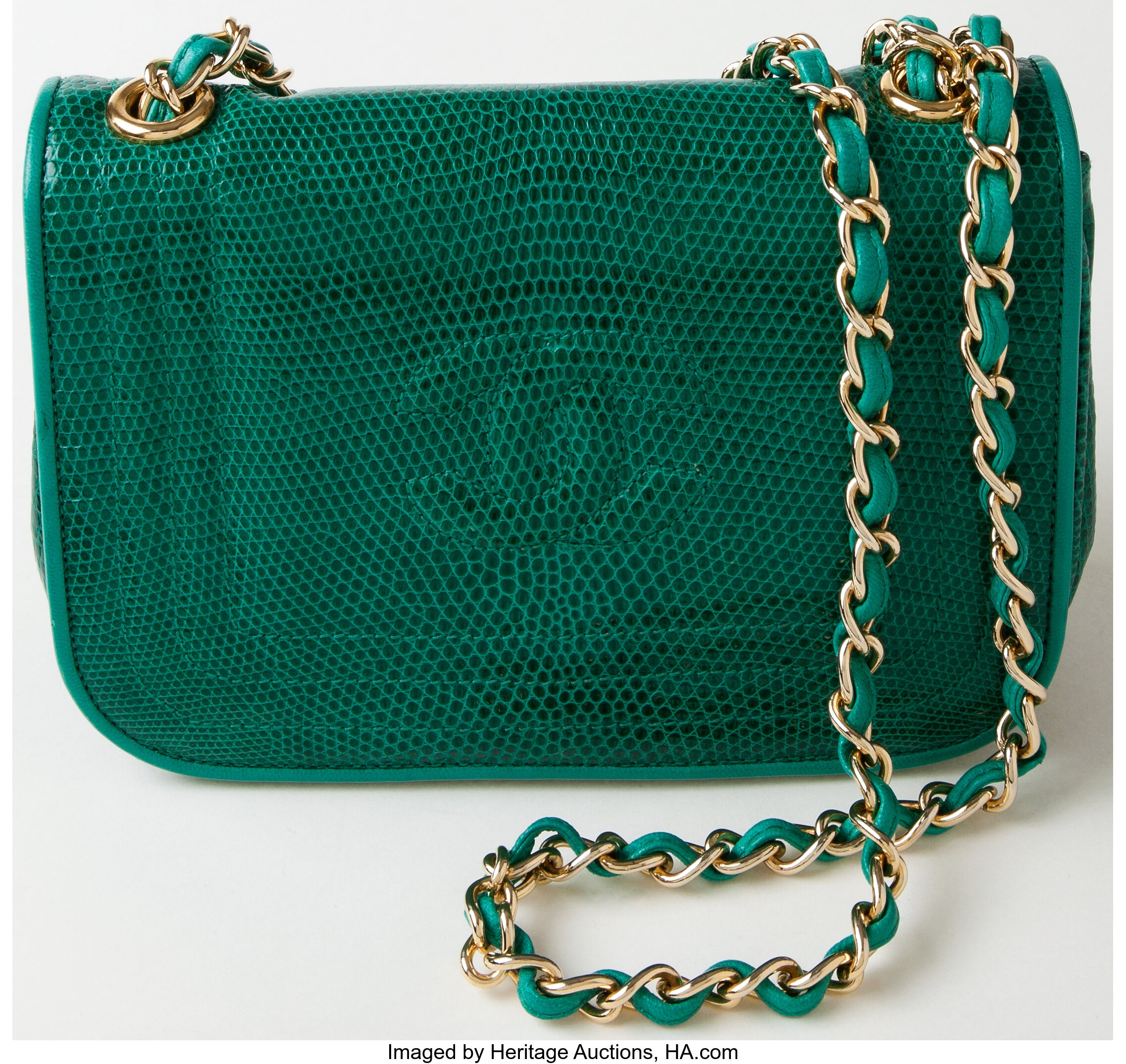Chanel small green lizard leather flap bag GHW