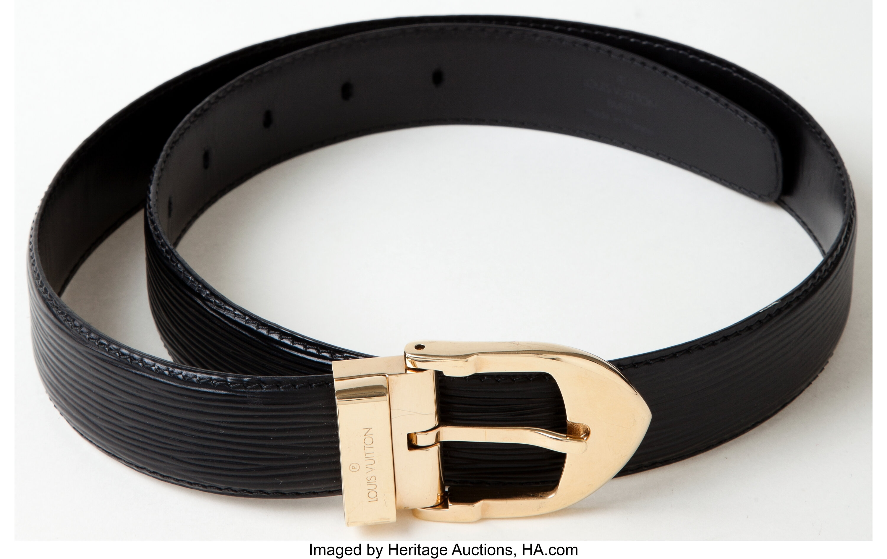 Sold at Auction: Louis Vuitton Black/Brown Belt LV Gold Buckle 34