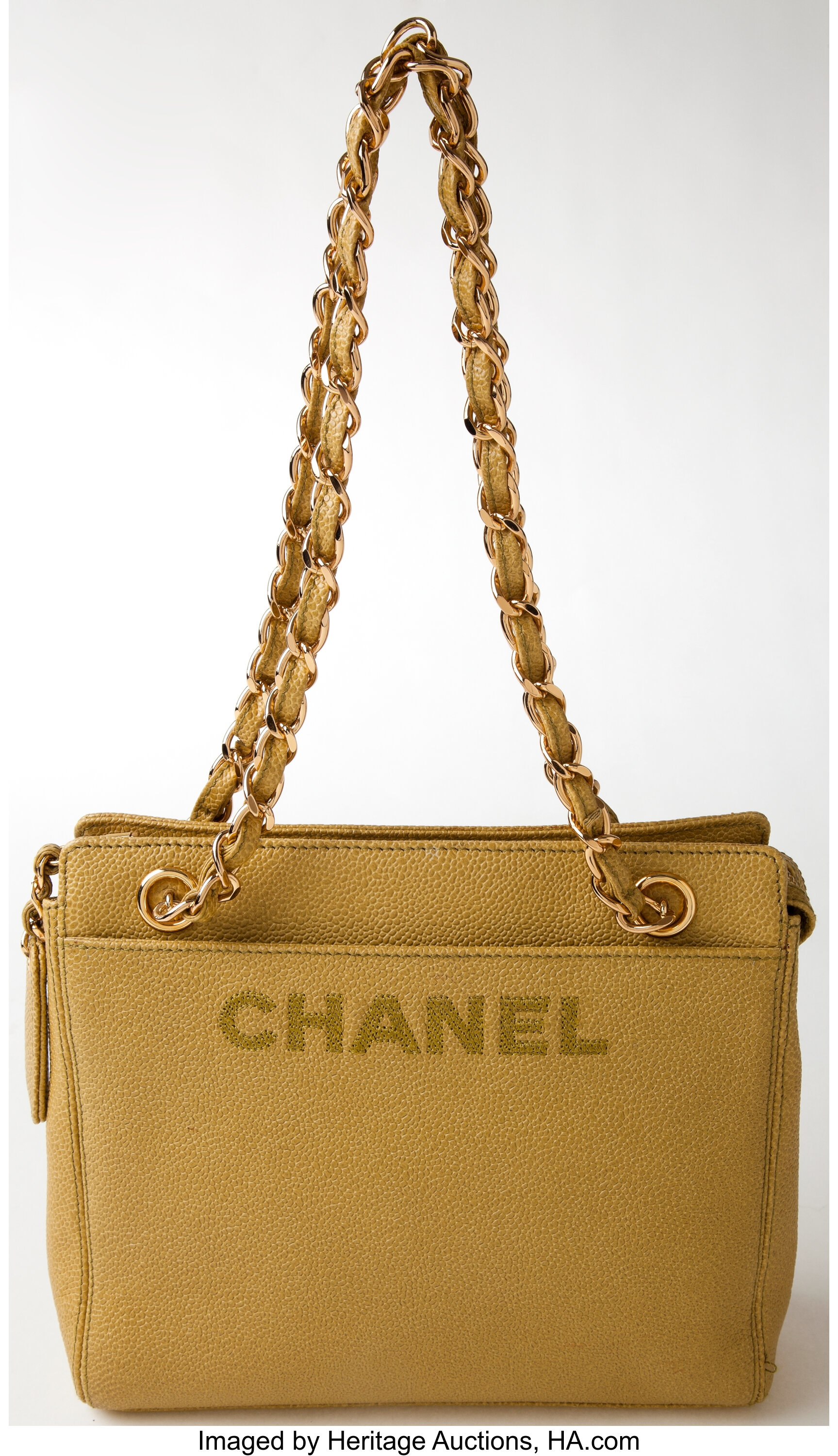 Chanel Vintage Green Caviar Leather Hobo Bucket Shoulder Bag with Golden Chain Strap, Drawstrings, and CC Stitch Mark