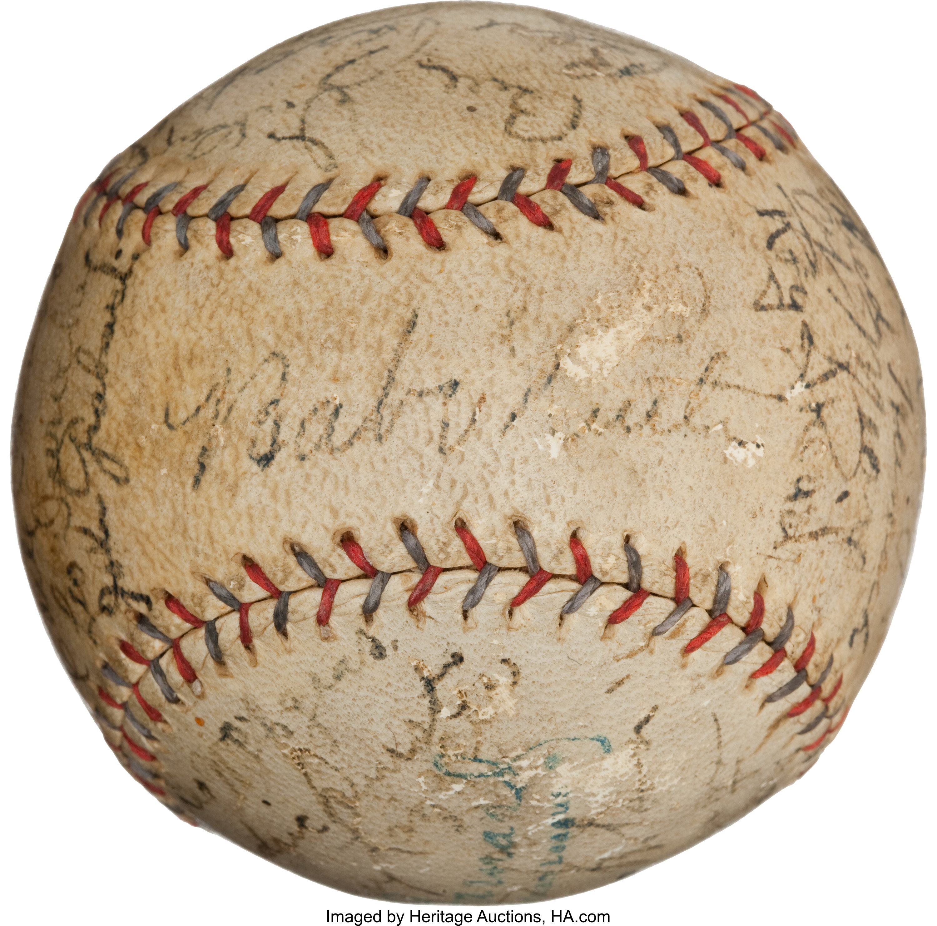 Lot Detail - 1927 Murderers Row Signed Baseball with Ruth, Gehrig, Meusel  & Lazzeri LOA PSA/DNA