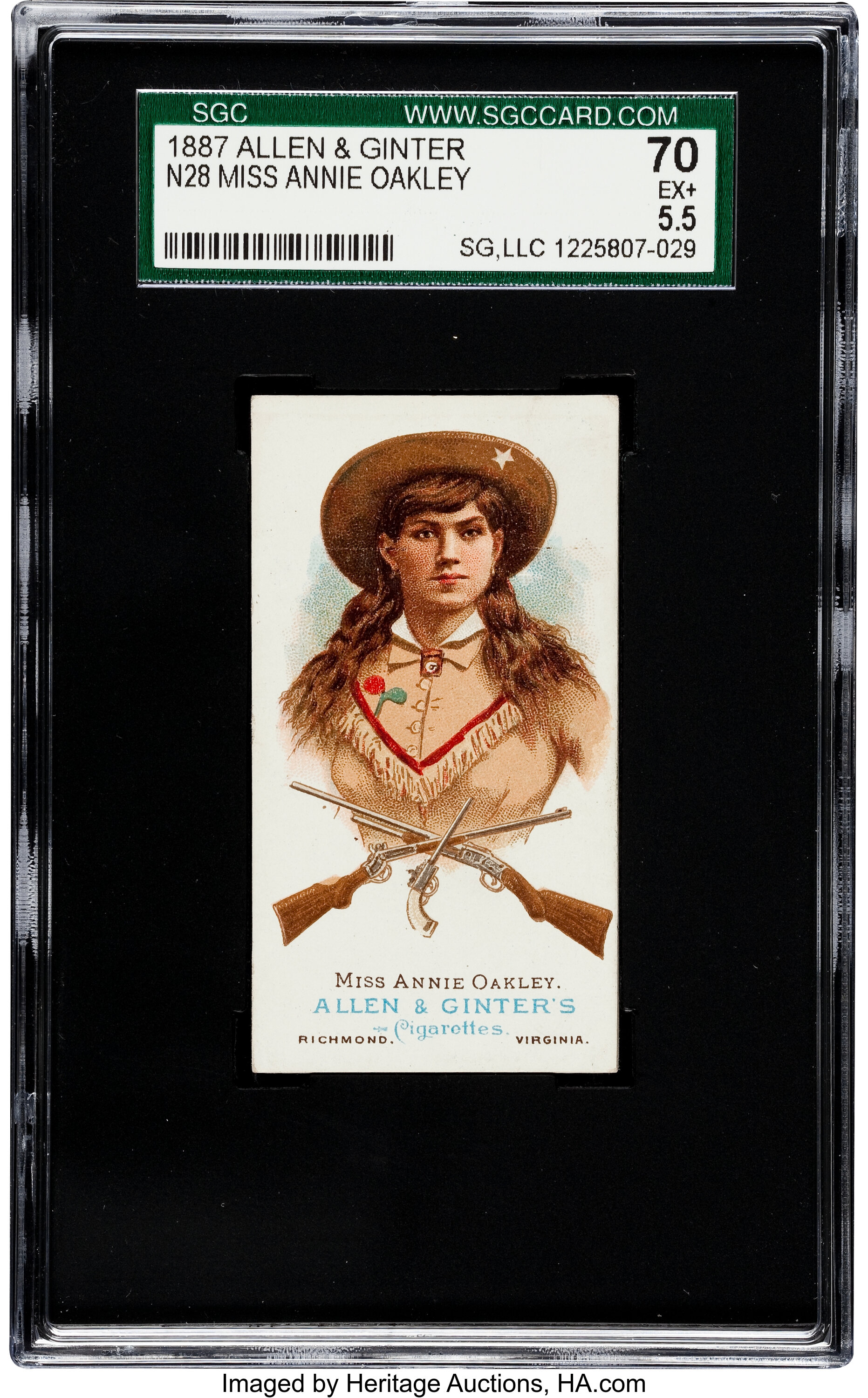 1887 N28 Allen & Ginter Annie Oakley SGC 70 EX+  - Pop One, One | Lot  #80020 | Heritage Auctions