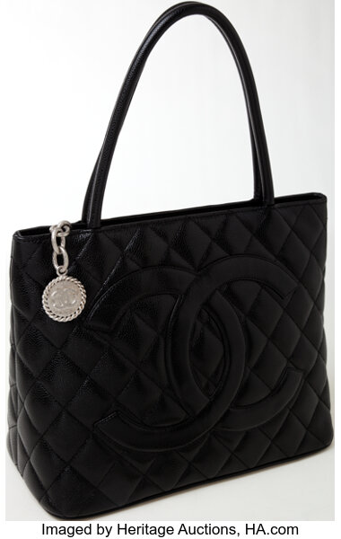 Chanel Medallion Vintage Tote Bag In Black Quilted Caviar Leather