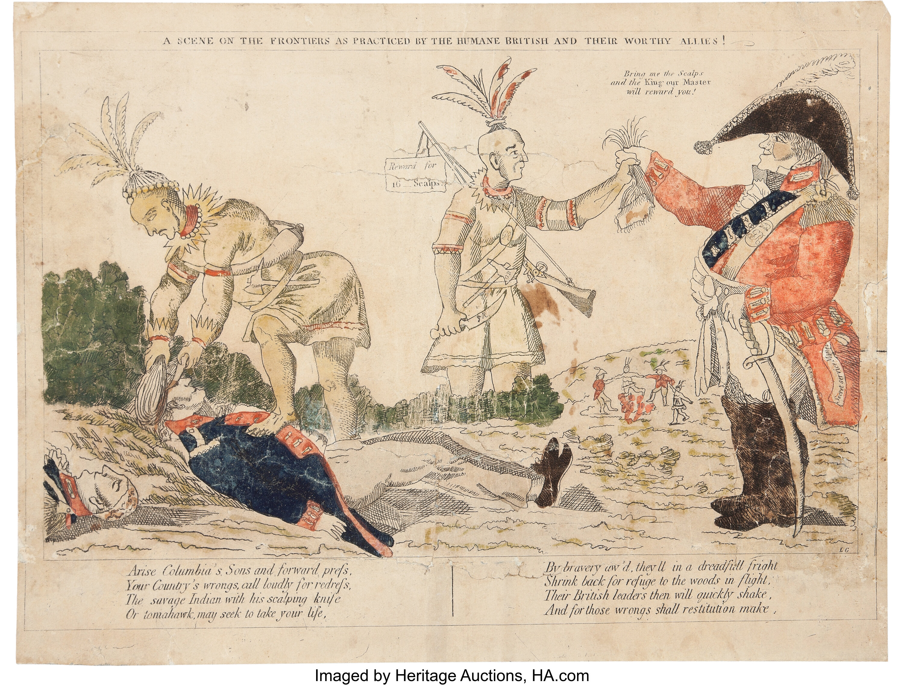 War of 1812: Anti-British Indian Scalping Scene Cartoon.... | Lot