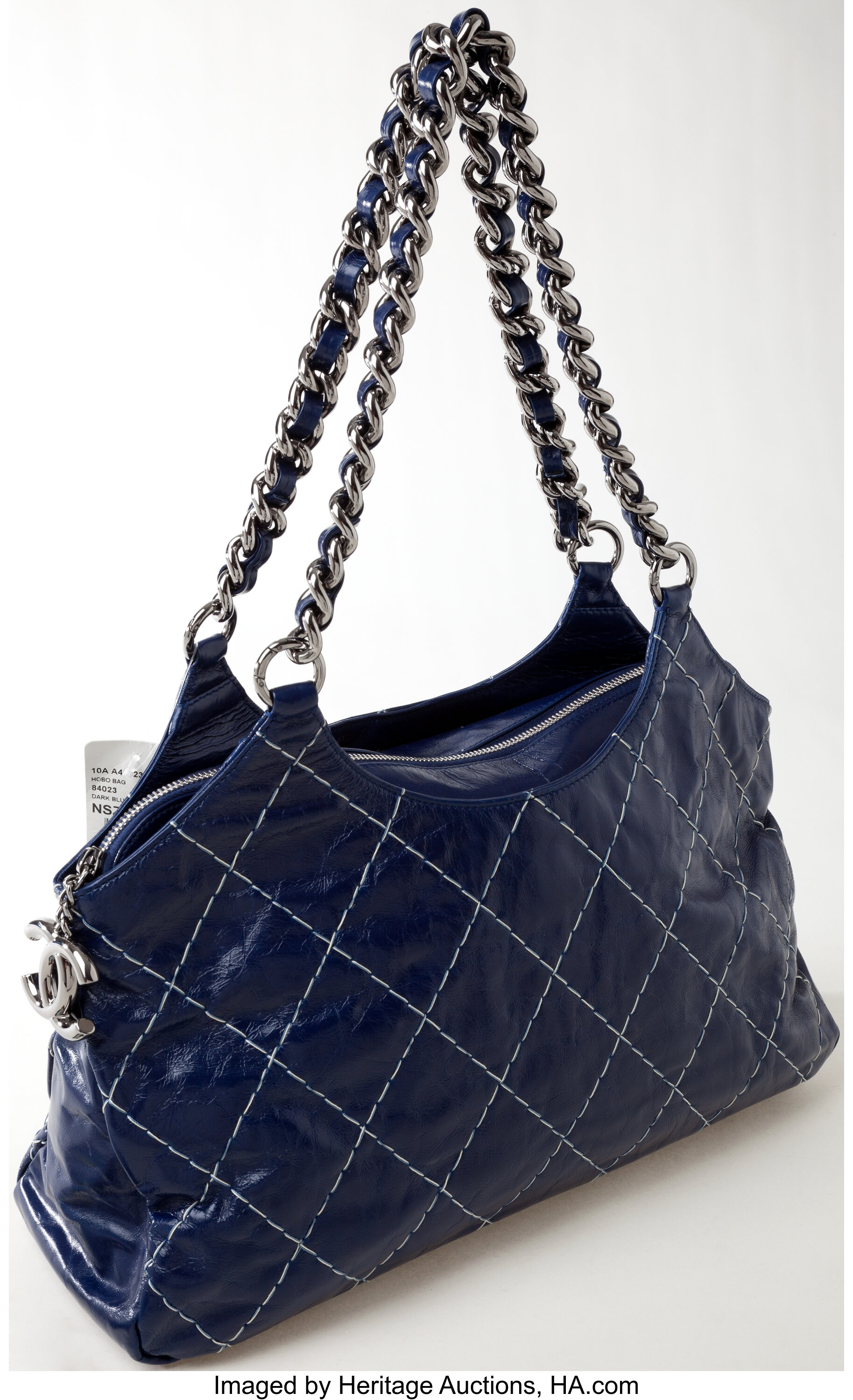 Heritage Vintage: Chanel Dark Blue Leather Shoulder Bag with Chain, Lot  #78002