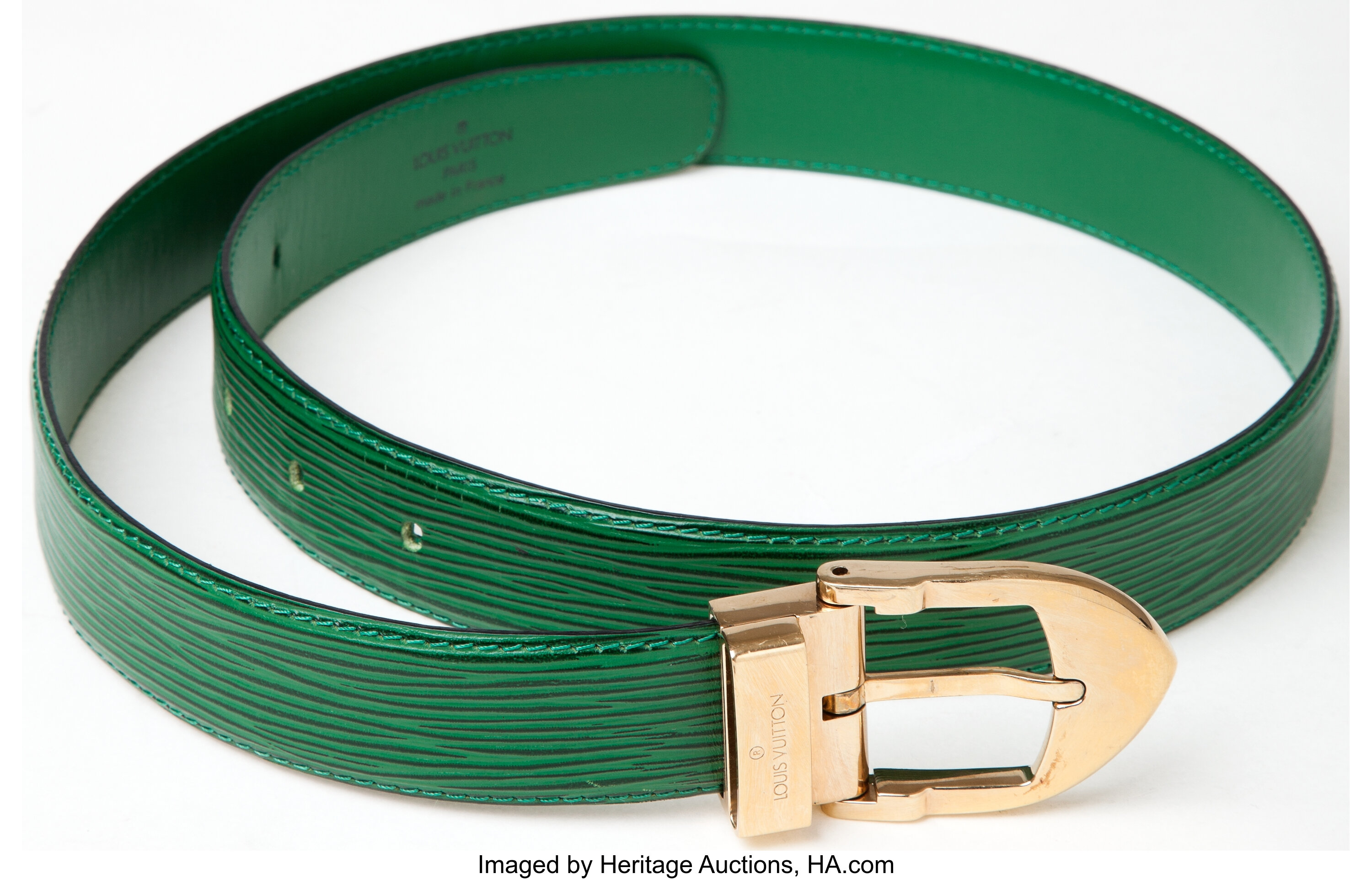 LOUIS VUITTON VINTAGE VERNIS GREEN LOGO INITIALS GOLD BELT (SIZE 75/30) -  CRTBLNCHSHP