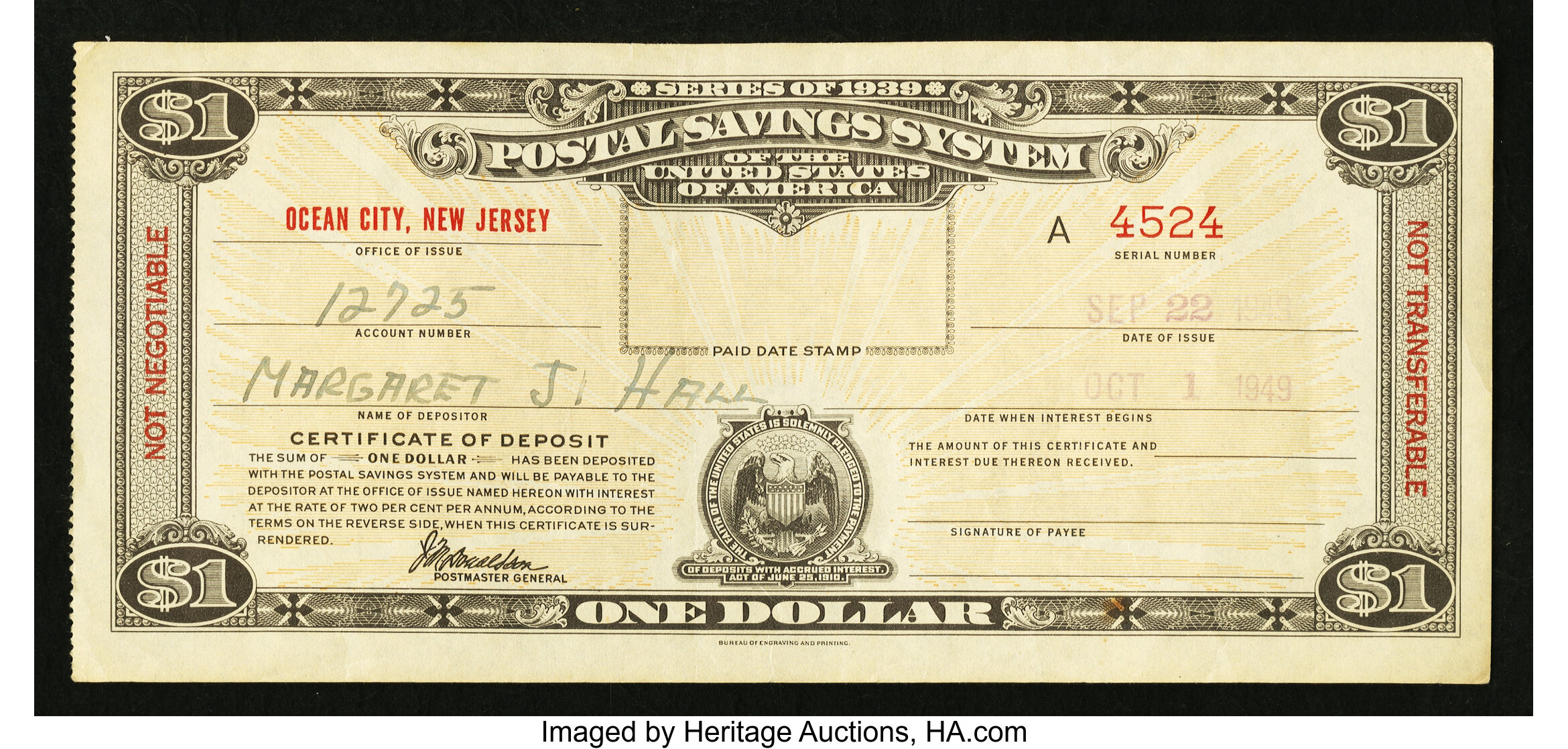 Postal Savings System Series 1939 $1 Certificate Sep 22 1949 Lot