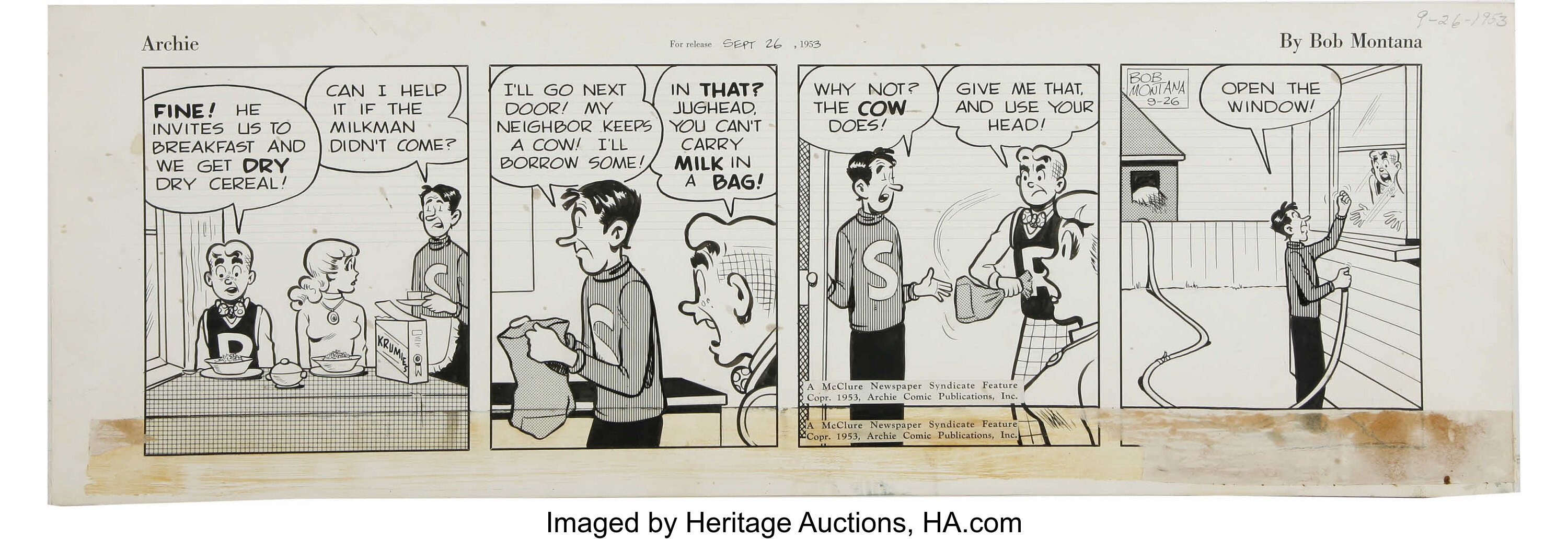 Bob Montana Archie Daily Comic Strip Original Art Dated 9 26 53