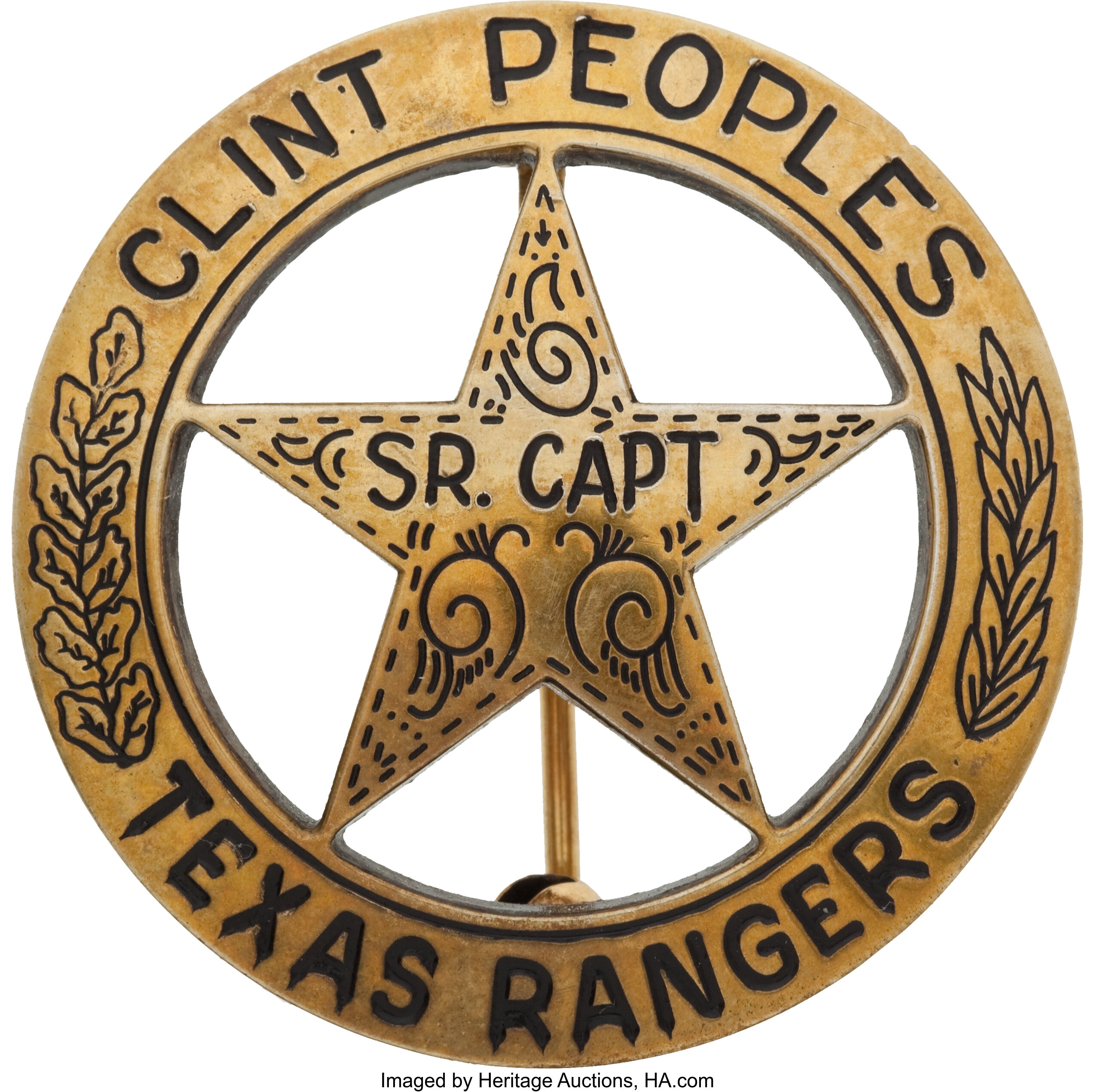 Senior Captain Texas Ranger Badge Belonging to Clint Peoples., Lot  #32470