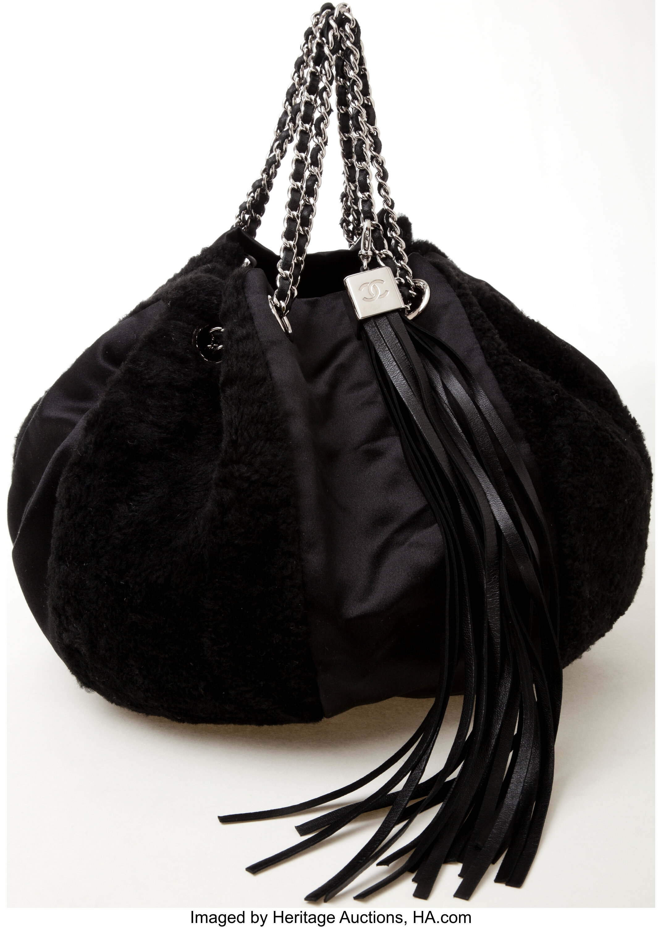 Vintage Chanel Black Satin & Leather Drawstring Bucket Bag