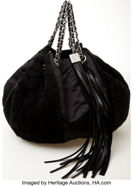Heritage Vintage: Chanel Black Satin and Shearling Drawstring Bag., Lot  #77015