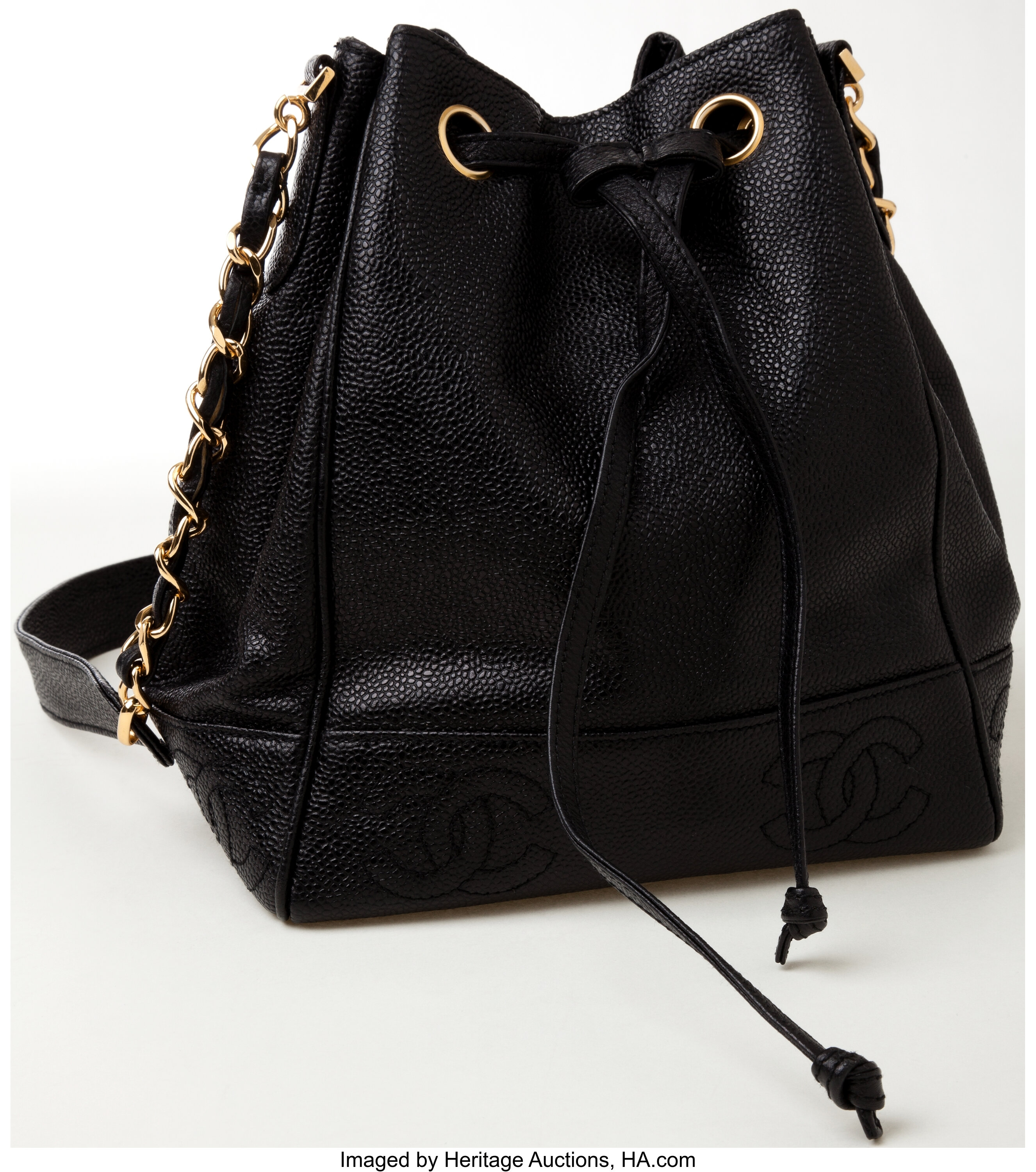 Vintage Chanel Black Caviar Leather Bucket Bag With Golden CC