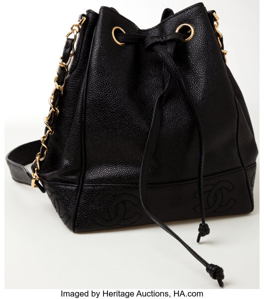 Vintage Chanel Black Satin & Leather Drawstring Bucket Bag