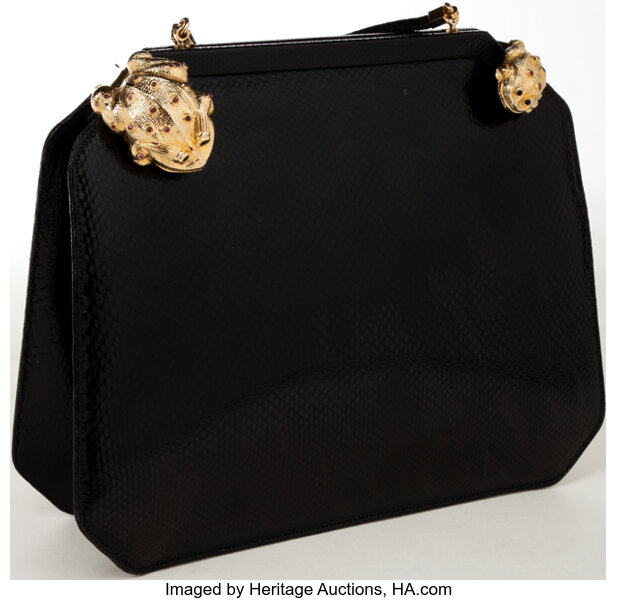 VINTAGE AUTHENTIC JUDITH LEIBER BLACK DECO INSPIRED KARUNG REPTILE  SHOULDER/CLUTCH BAG - NEW WITH ORIGINAL ACCESSORIES