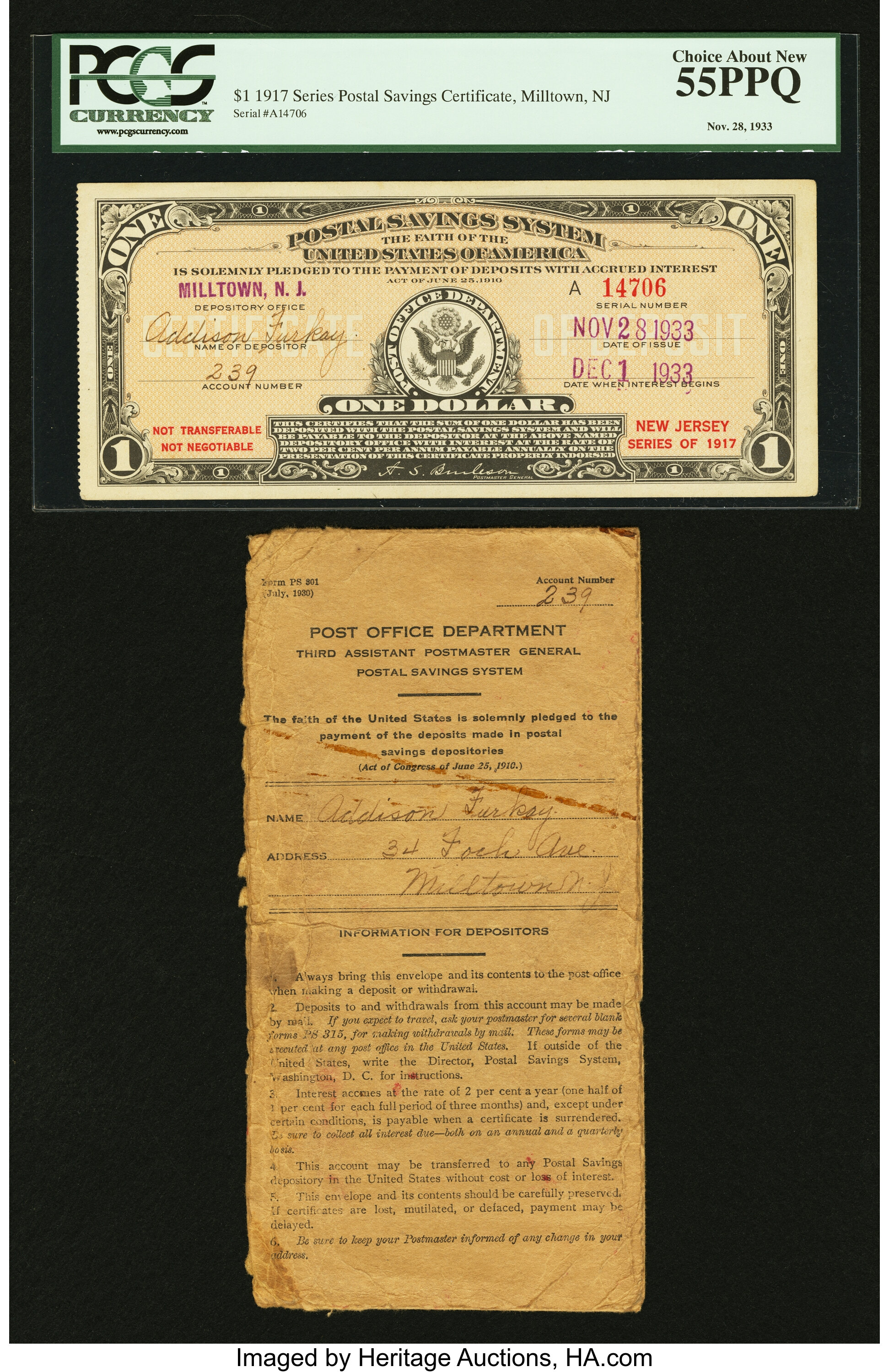 Postal Savings System Series 1917 $1 Certificate Nov 28 1933 Lot