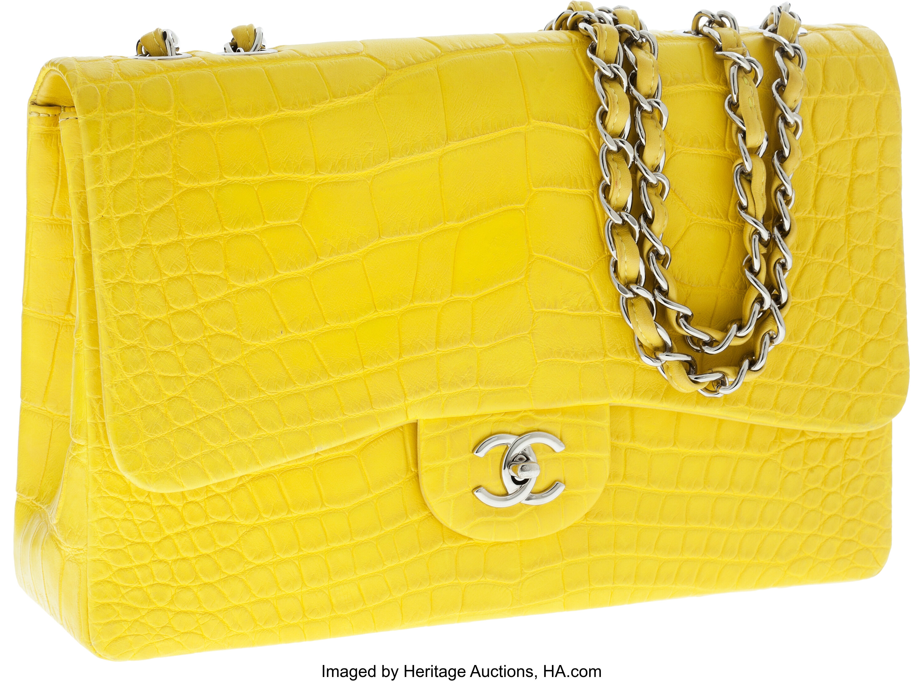 Chanel Matte Jaune Yellow Crocodile Jumbo Single Flap Bag with, Lot #56267