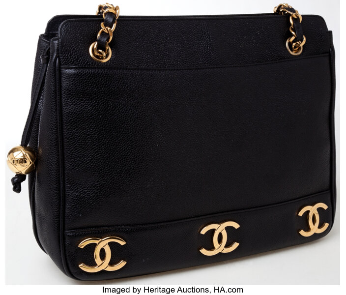 Heritage Vintage: Chanel Black Caviar Leather Gold CC Shoulder Bag., Lot  #78013