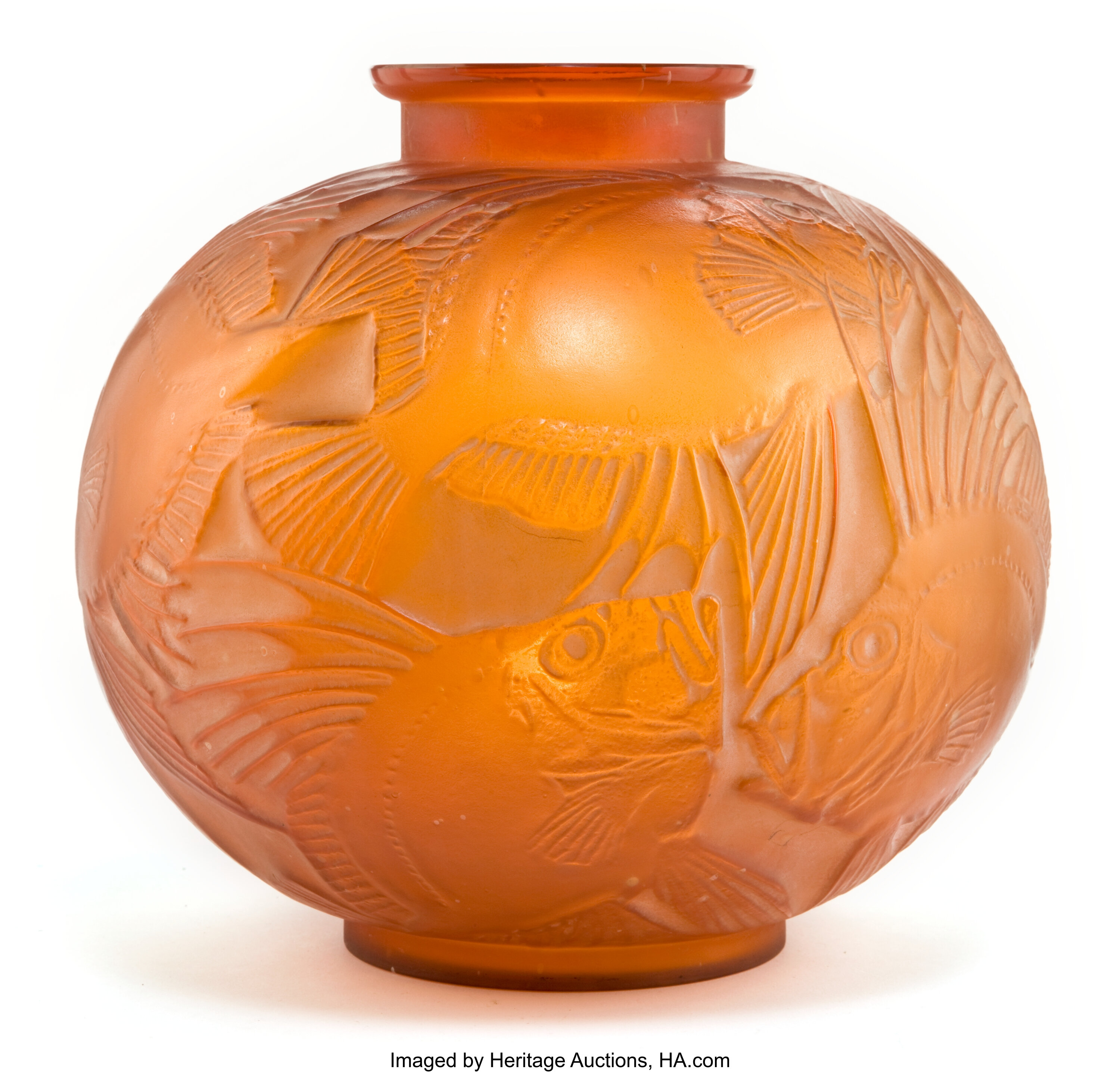 LALIQUE RED GLASS POISSONS VASE WITH WHITE PATINA . Circa 1921. | #62209 | Heritage Auctions