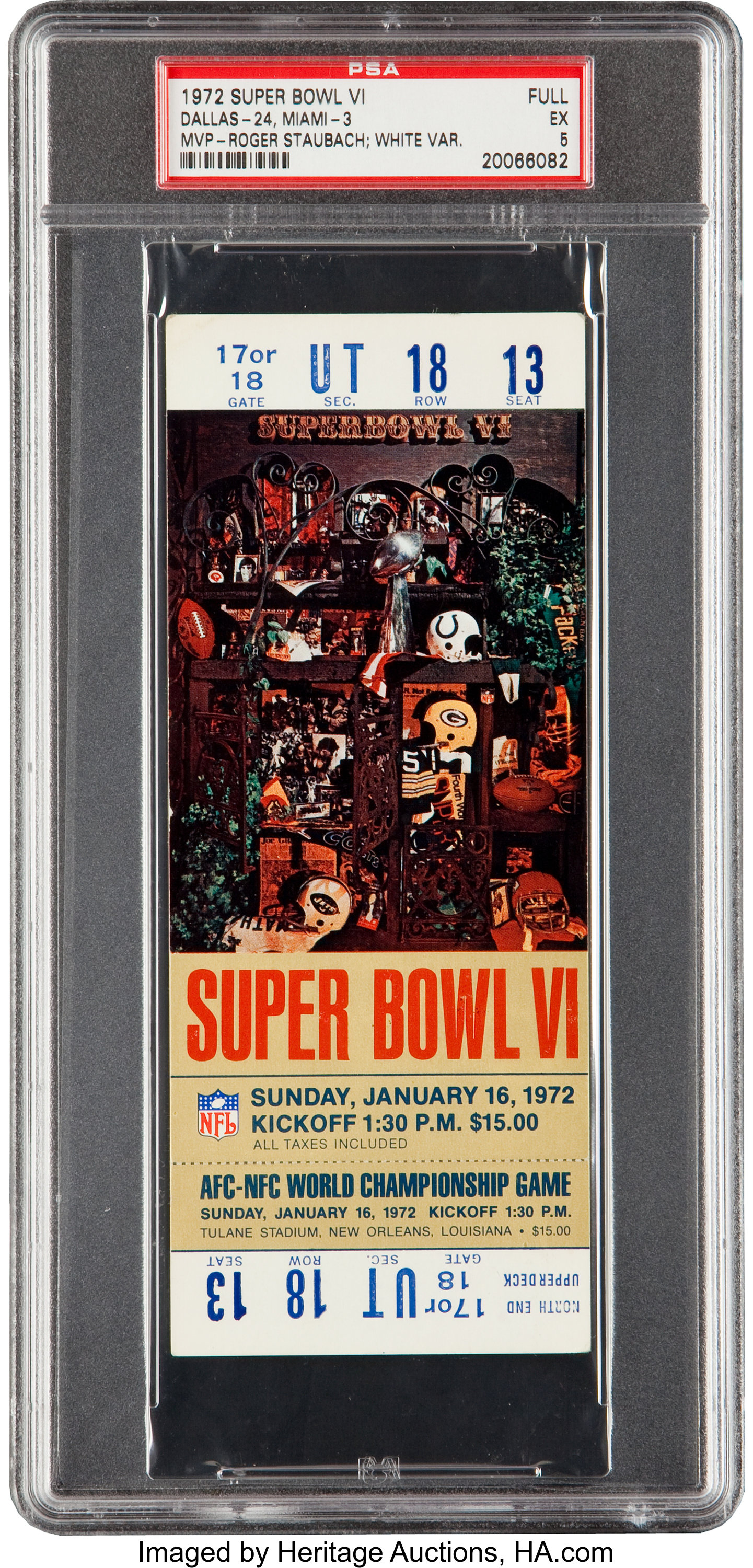 1972 Super Bowl VI Full Ticket, PSA EX 5 - Cowboys First Super Bowl, Lot  #81722