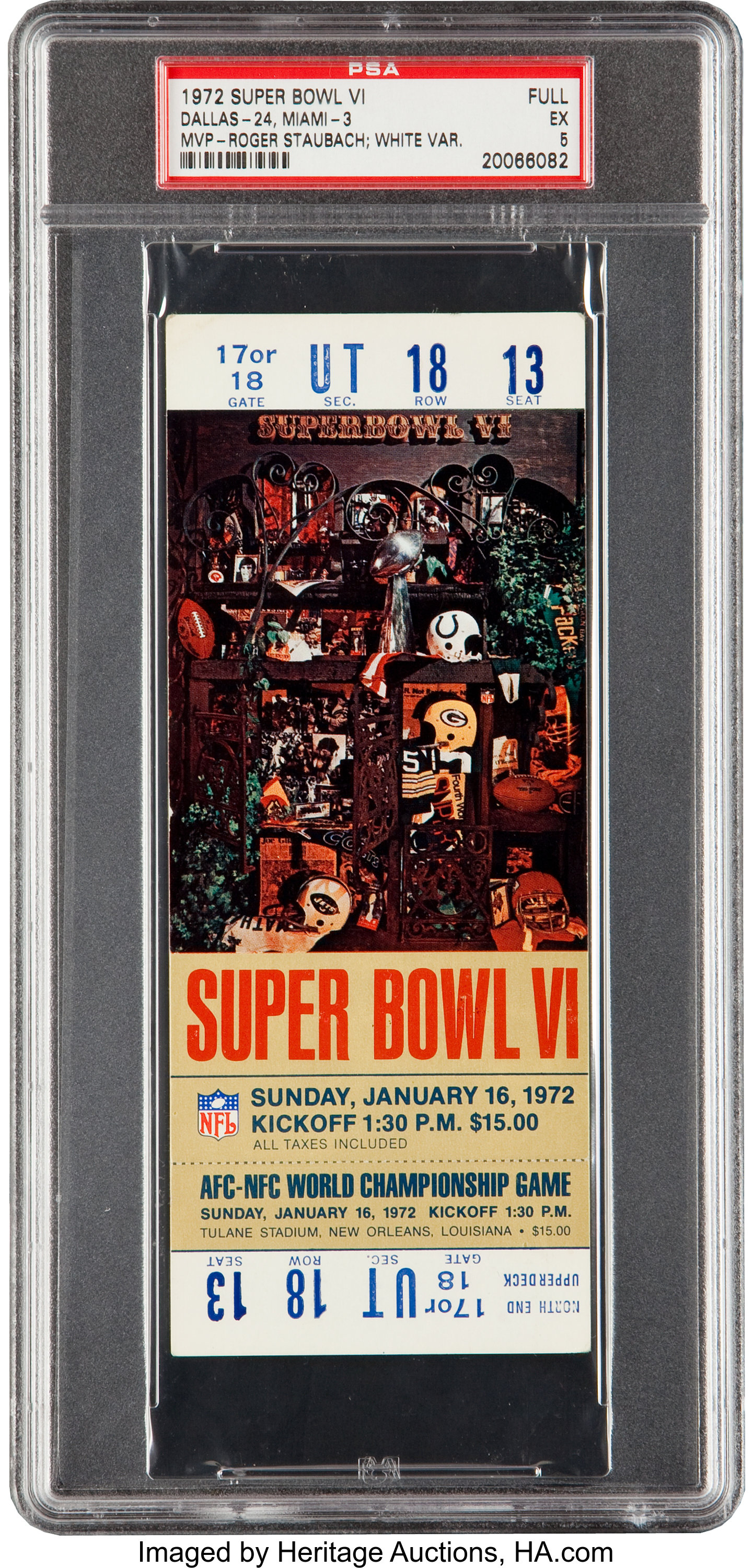 1972 Super Bowl VI Full Ticket, PSA EX 5 - Cowboys First Super