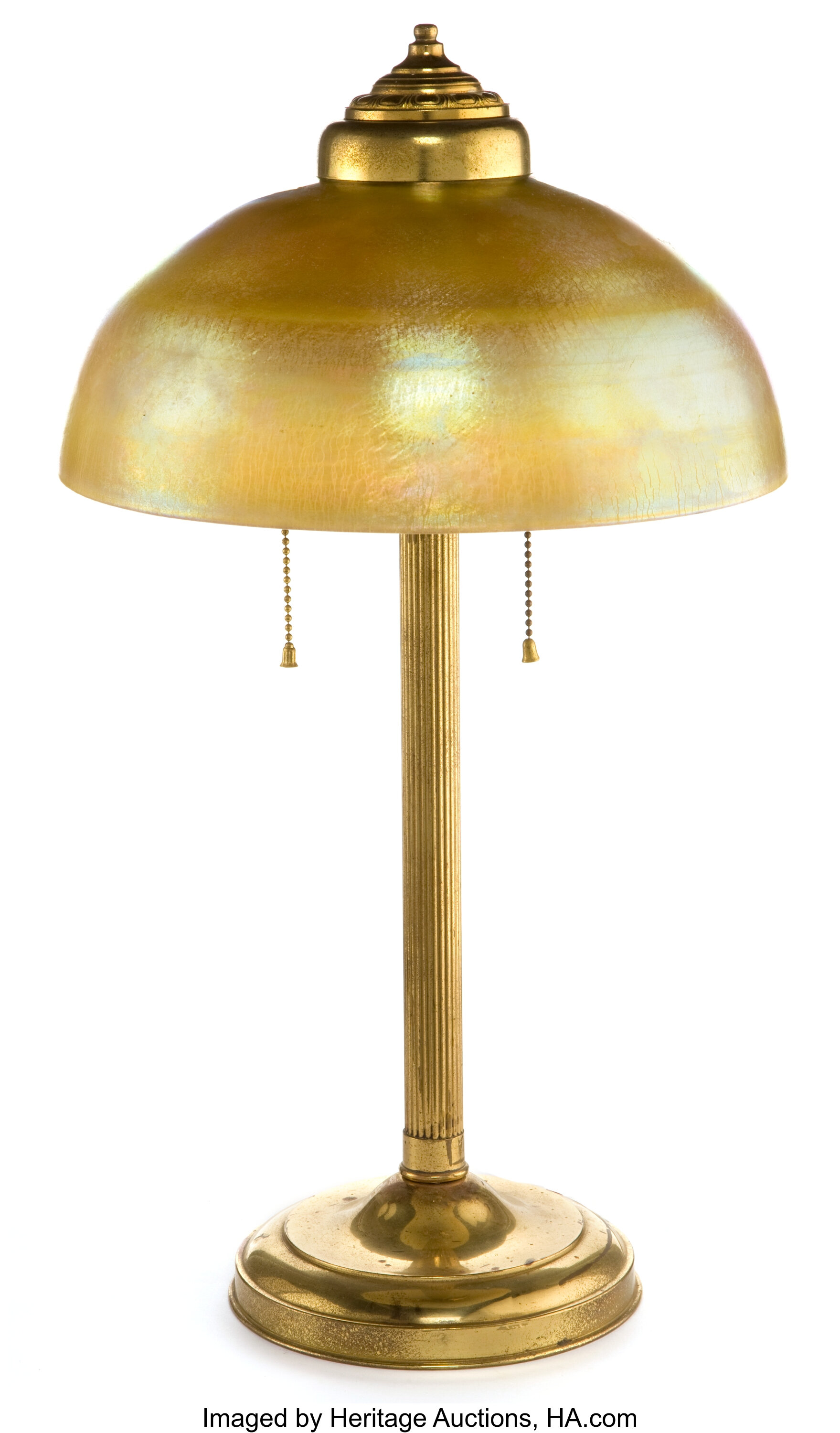 TIFFANY STUDIOS FAVRILE GLASS SHADE WITH BRASS LAMP BASE . Gold | Lot ...