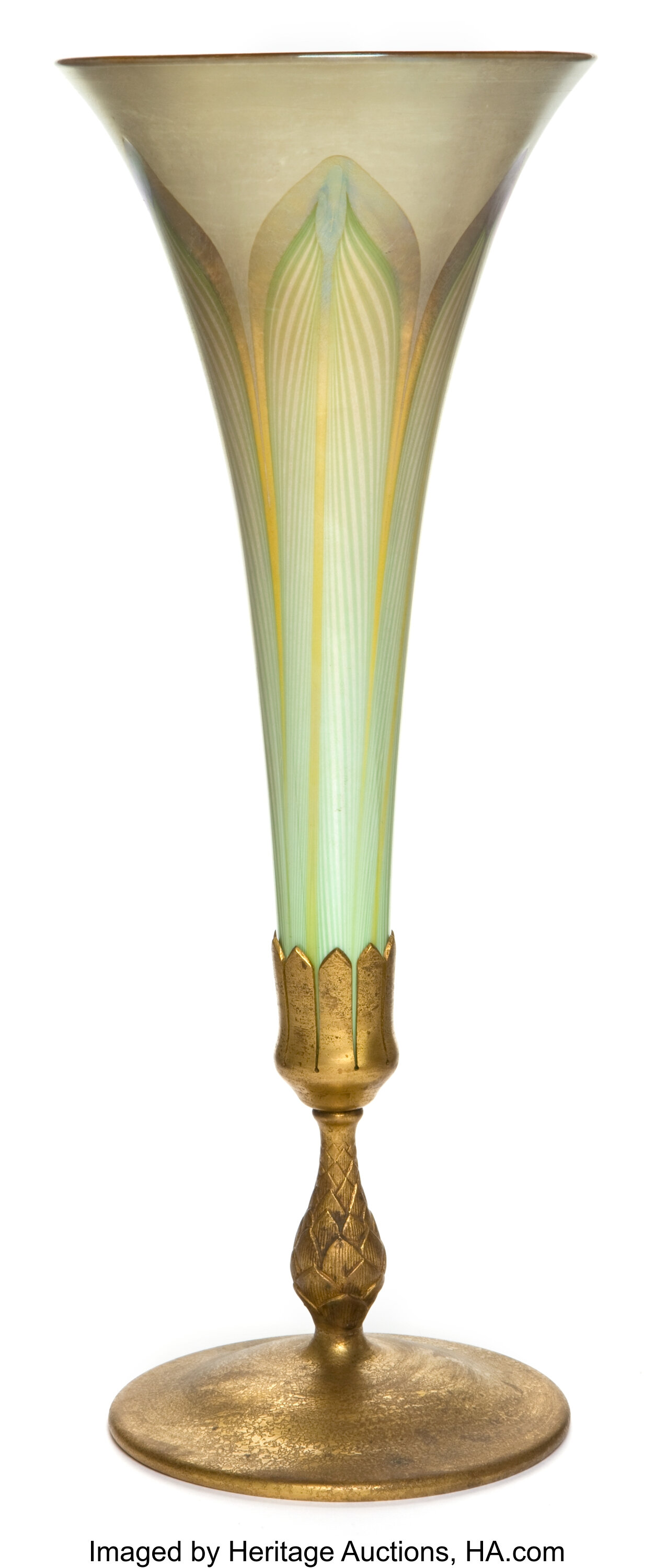 TIFFANY STUDIOS FAVRILE GLASS VASE WITH BRONZE BASE . Gold Favrile ...