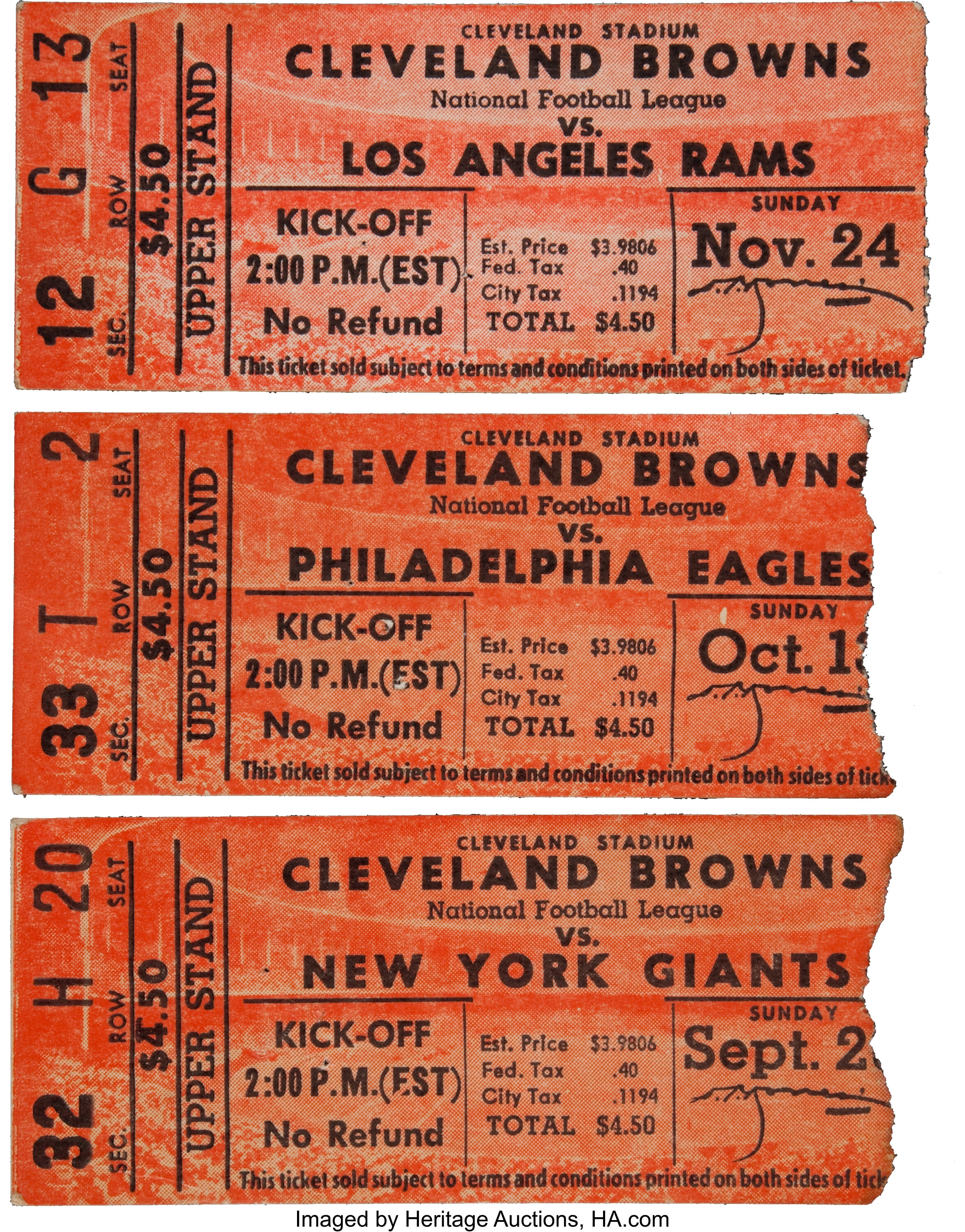 1957 Jim Brown Milestone Tickets Lot of 3 - With NFL Debut, 1st TD,, Lot  #82850