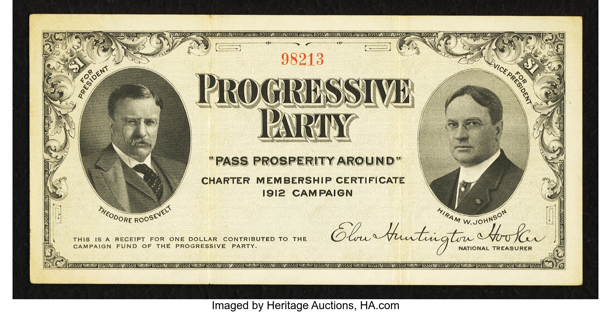 Progressive Party Charter Membership Certificate 1912 Campaign 1 Lot