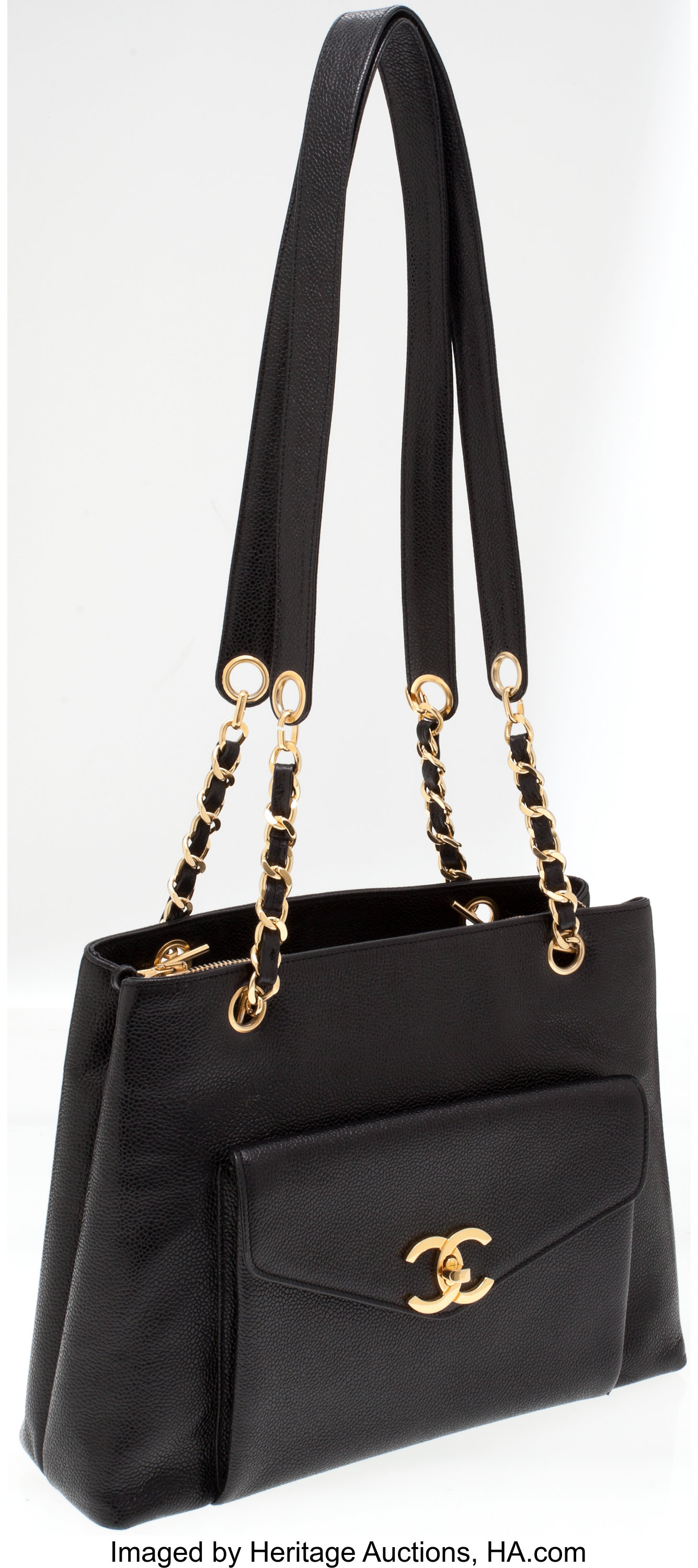 Chanel Black Caviar Leather Turnlock Pocket Shoulder Bag with Gold, Lot  #75008