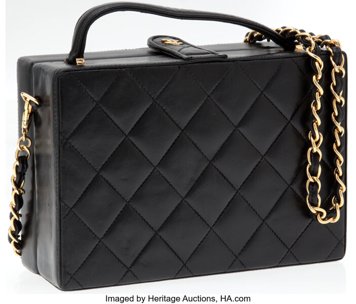 Chanel Black Quilted Lambskin Leather Box Bag with Gold Chain