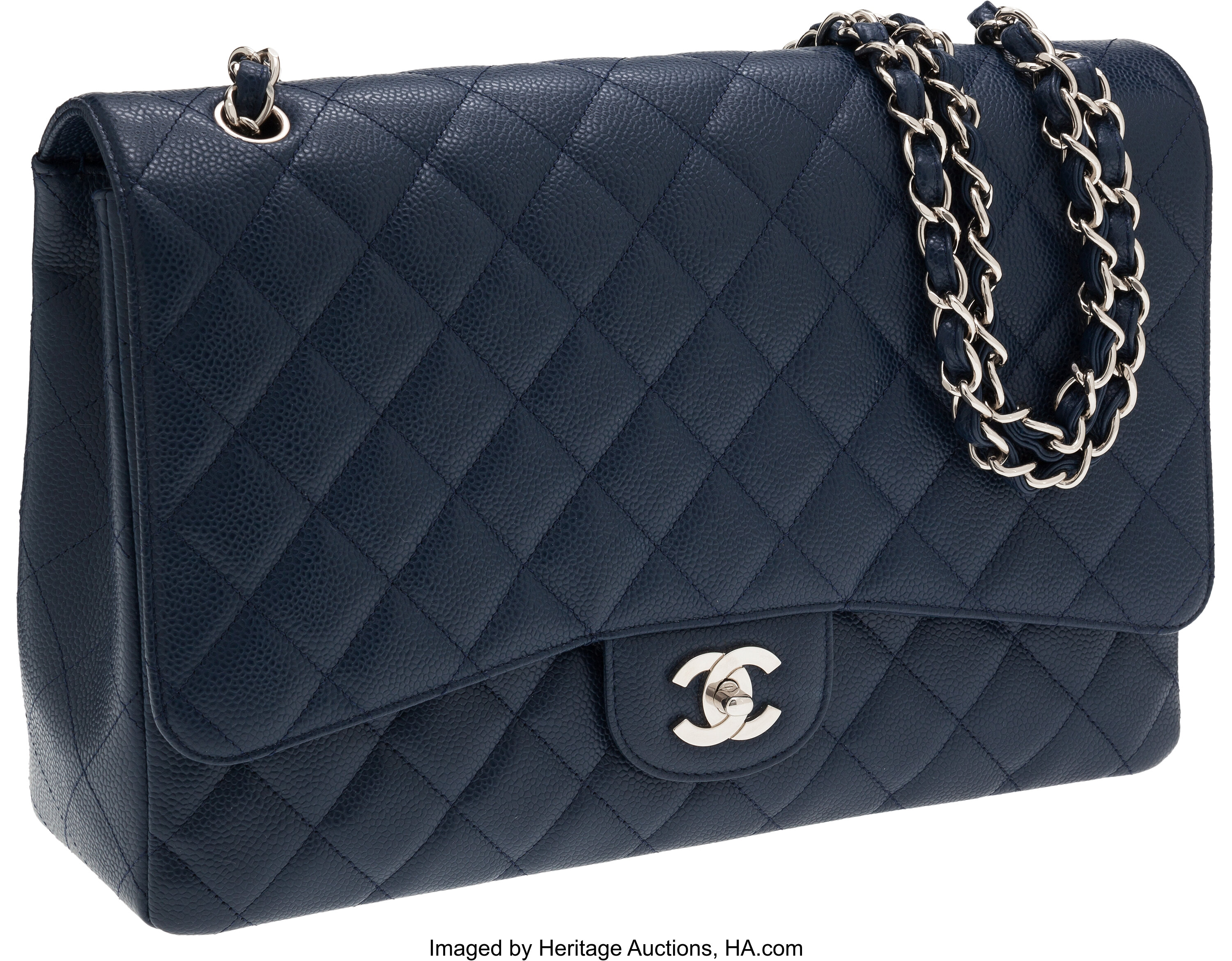 Chanel Navy Caviar Leather Maxi Single Flap Bag with Silver | Lot #56274 |  Heritage Auctions