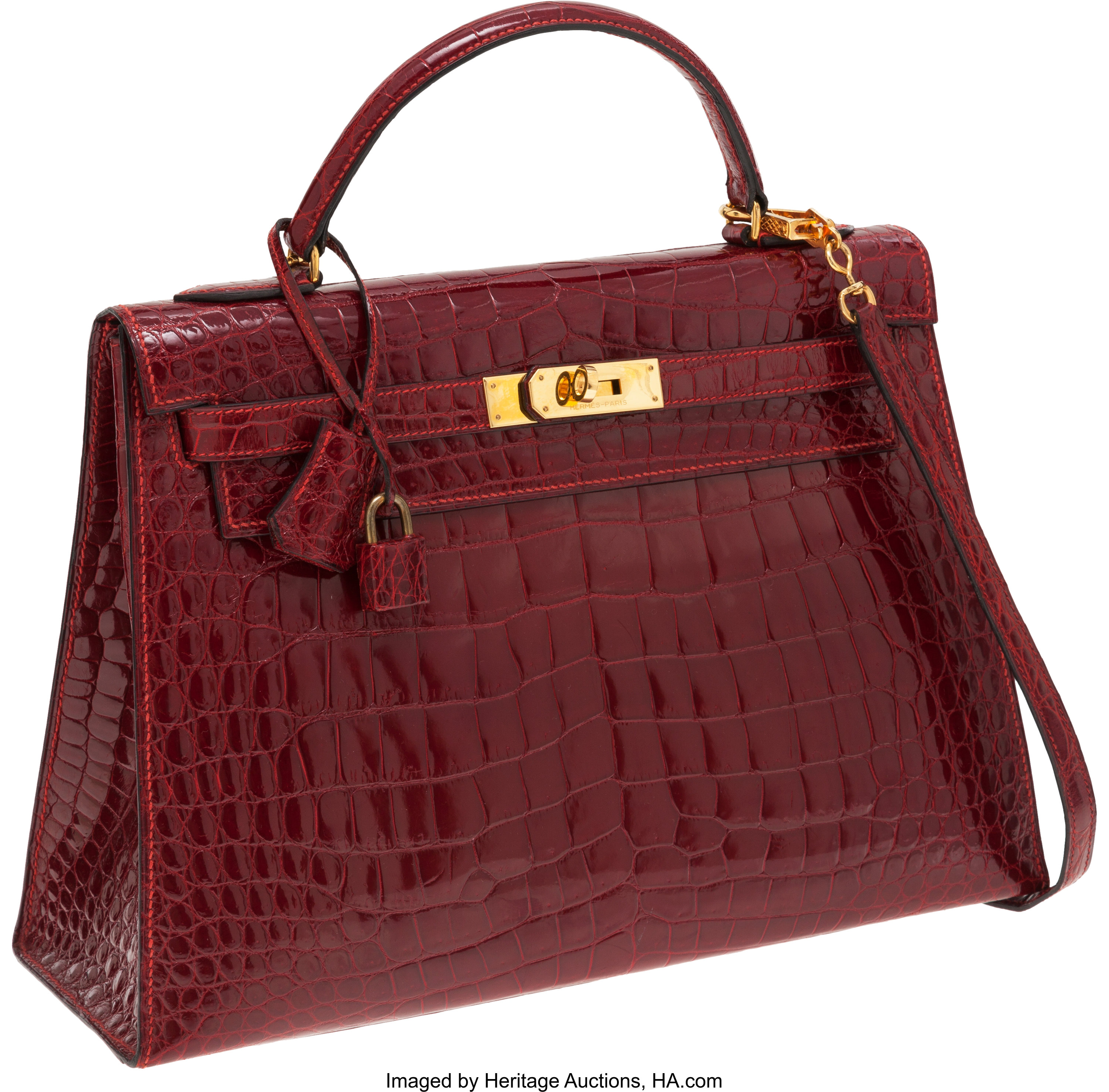 Hermes 32cm Shiny Rouge H Caiman Crocodile Sellier Kelly Bag with