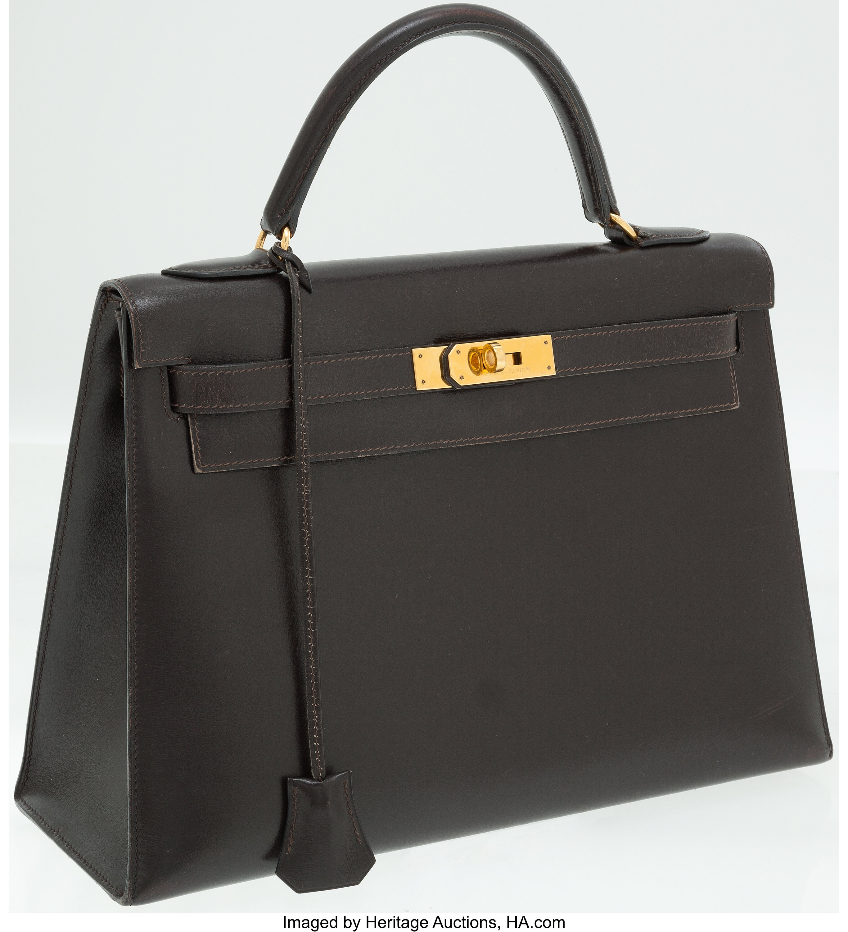 Chocolate Retourne Kelly 28cm in Box Calf Leather with Gold