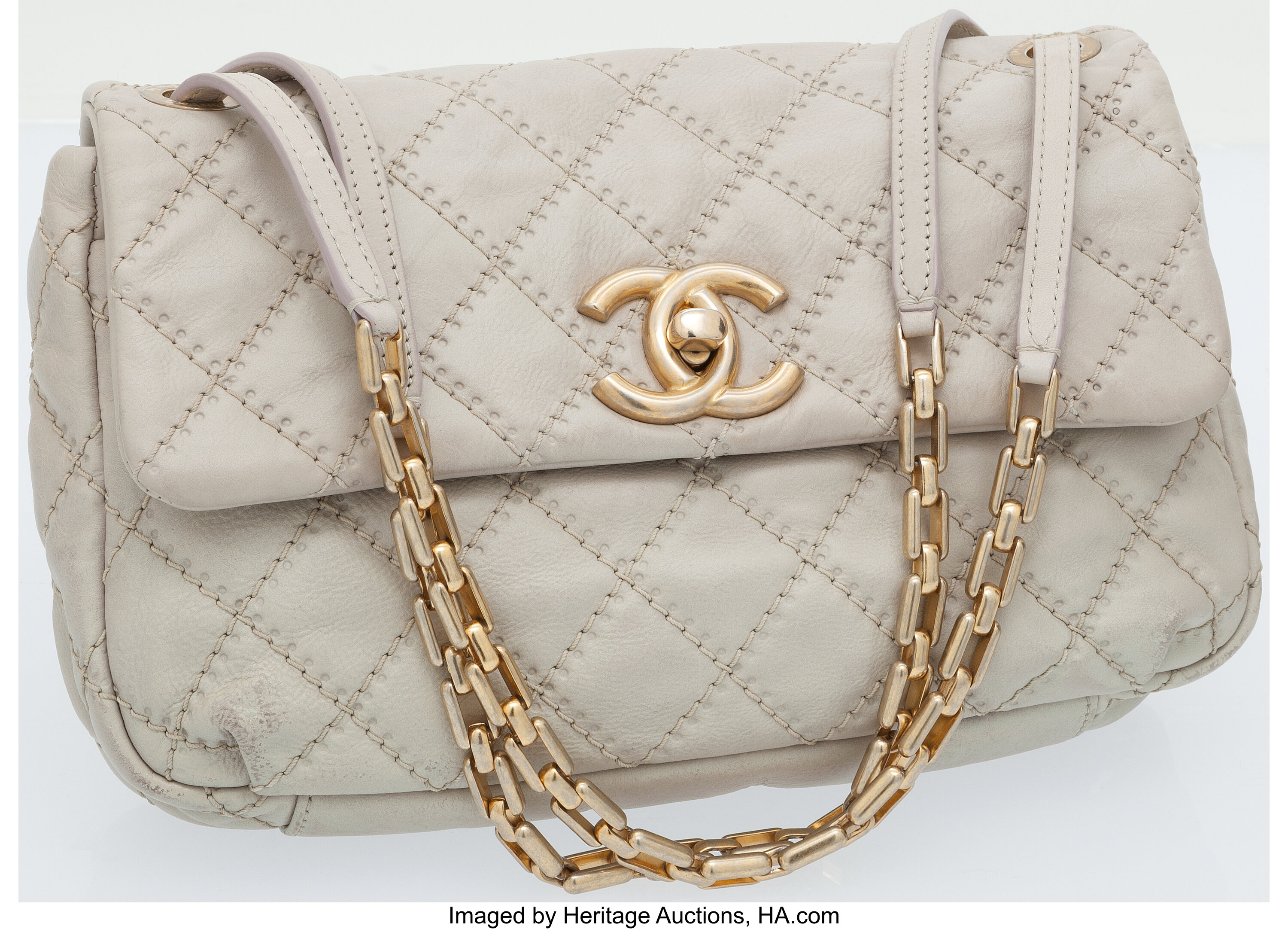 Chanel Pearl Grey Distressed Leather Single Flap Bag with Antique