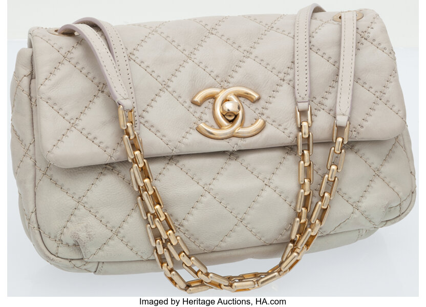 Chanel Pearl Grey Distressed Leather Single Flap Bag with Antique