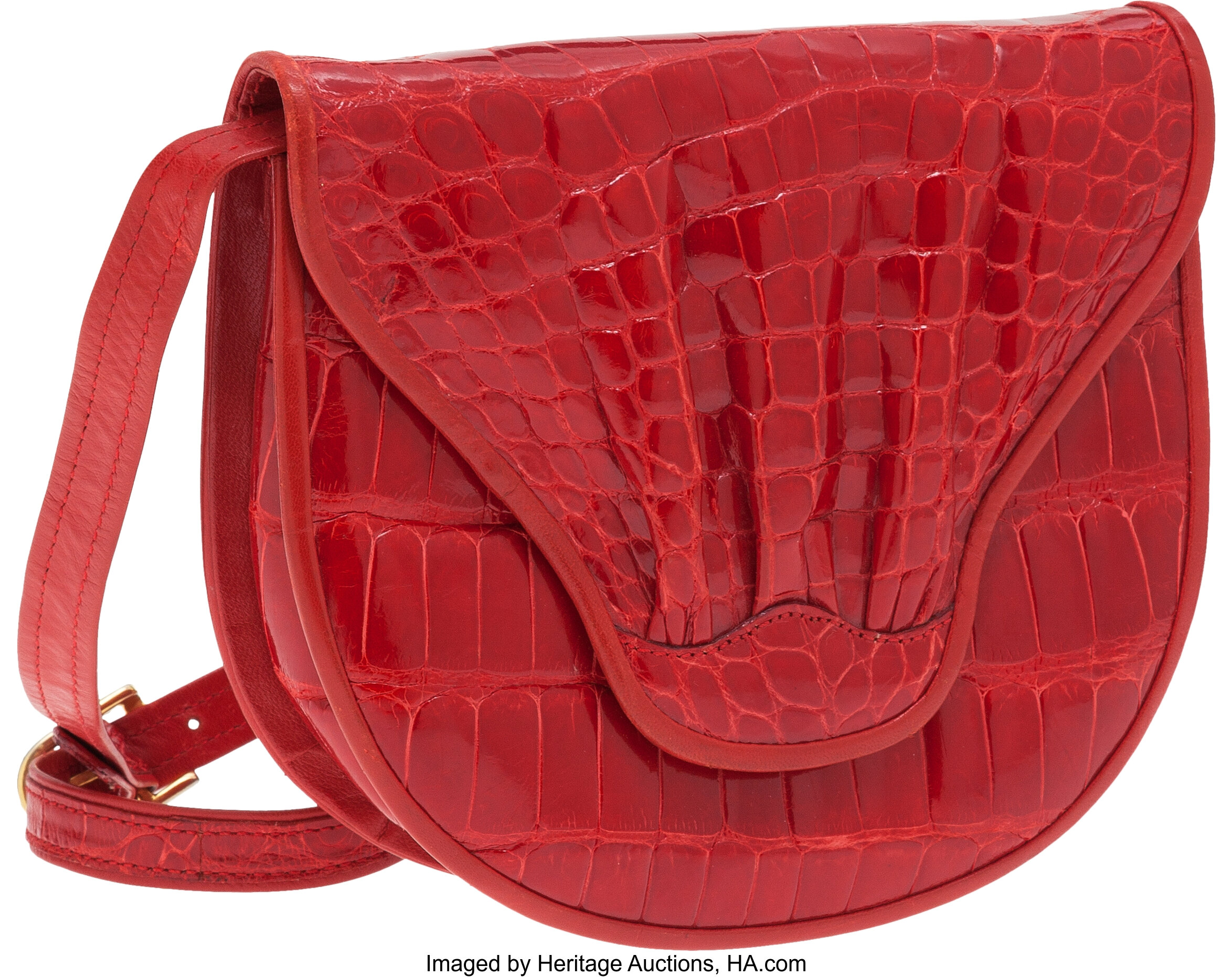 Womens Red Vintage Real Croc Leather Crossbody Shoulder Bag