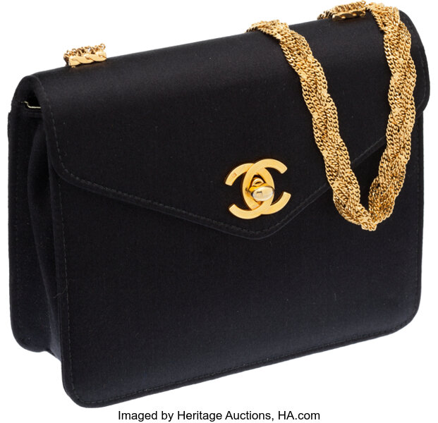 Chanel Black Satin Evening Bag with Braided Gold Chain Strap. , Lot  #56241