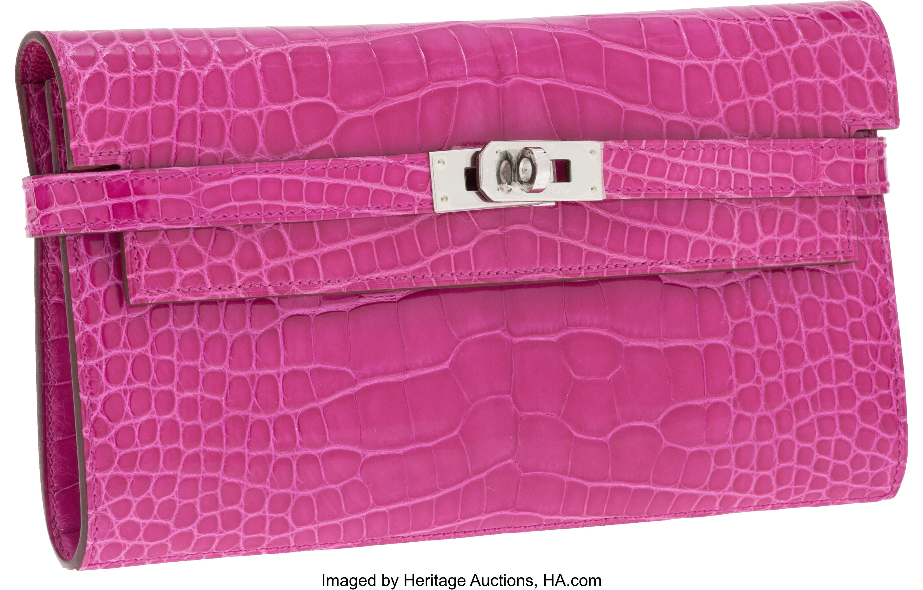 Hermes Shiny Rose Scheherazade Porosus Crocodile Kelly Cut Clutch, Lot  #58014