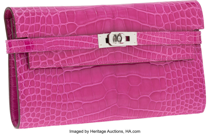 Hermes Kelly Wallet Alligator Leather Palladium Hardware In Purple