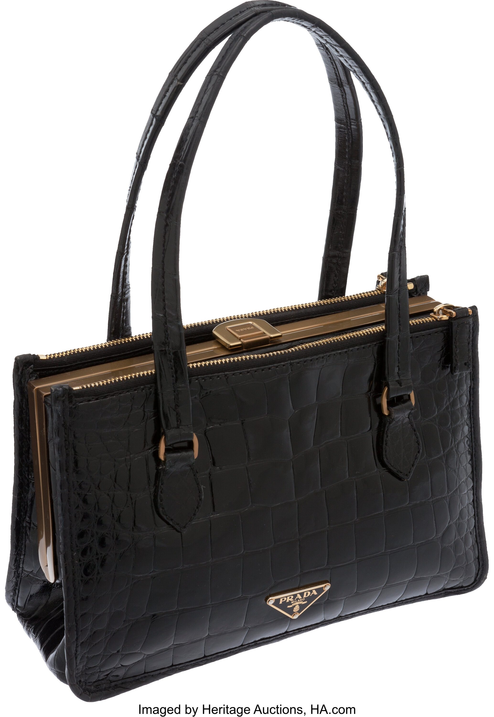 Sold at Auction: Prada Vintage Black Nylon Gold Top Handle Bag