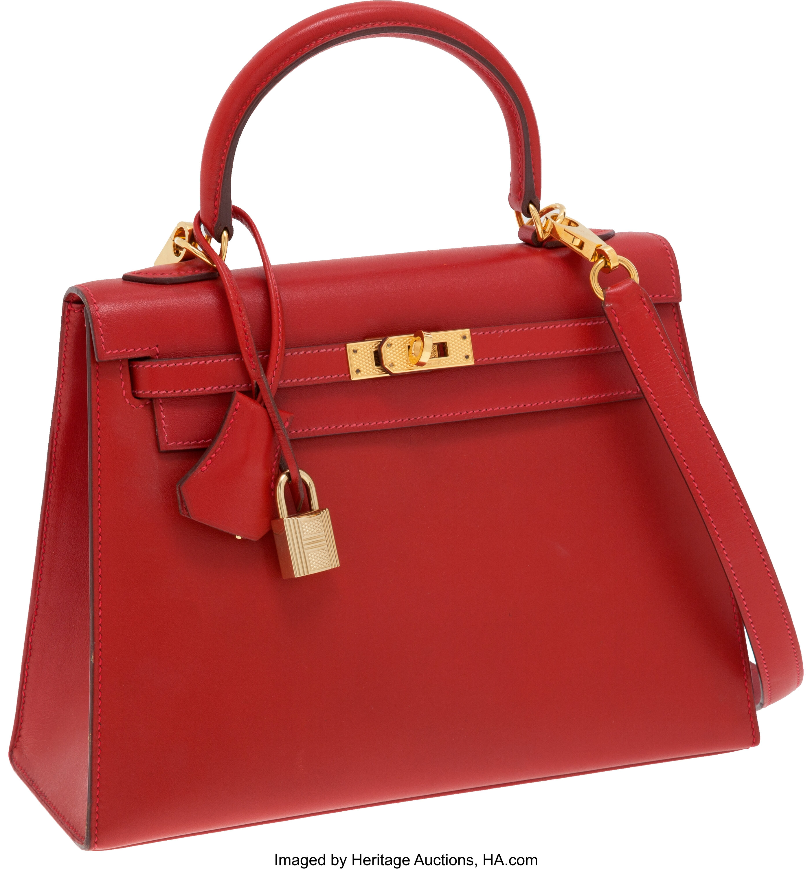 HERMÈS Kelly 25 Sellier handbag in Vermillon Box calfskin with