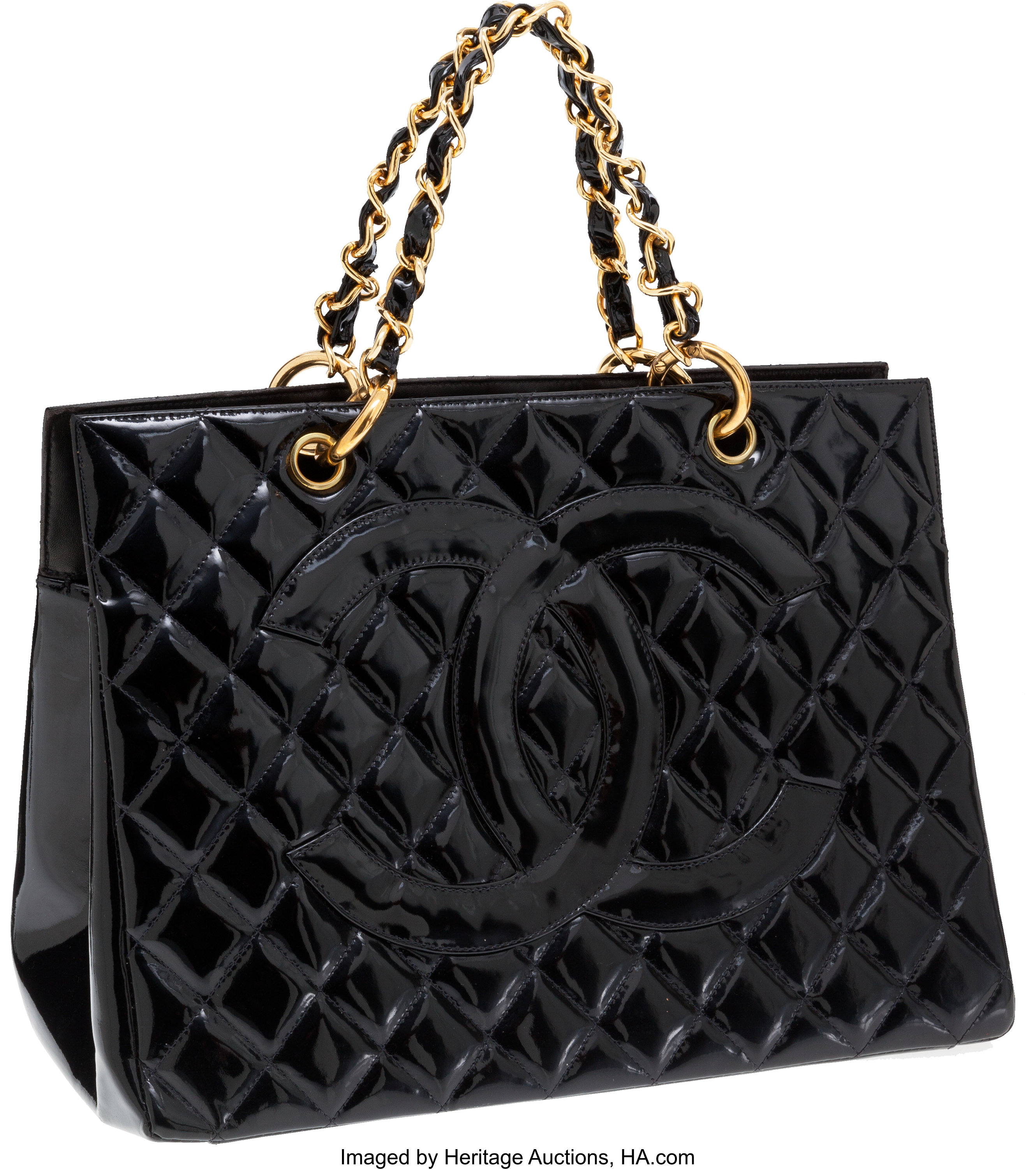 Chanel Black Quilted Patent Leather Large Tote Bag with Gold