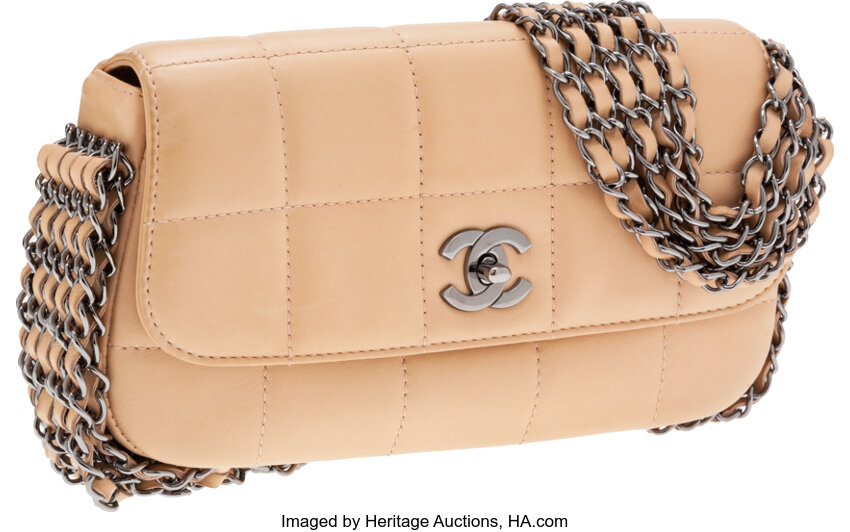 Chanel Beige Lambskin Leather Five Chain Strap Single Flap Bag