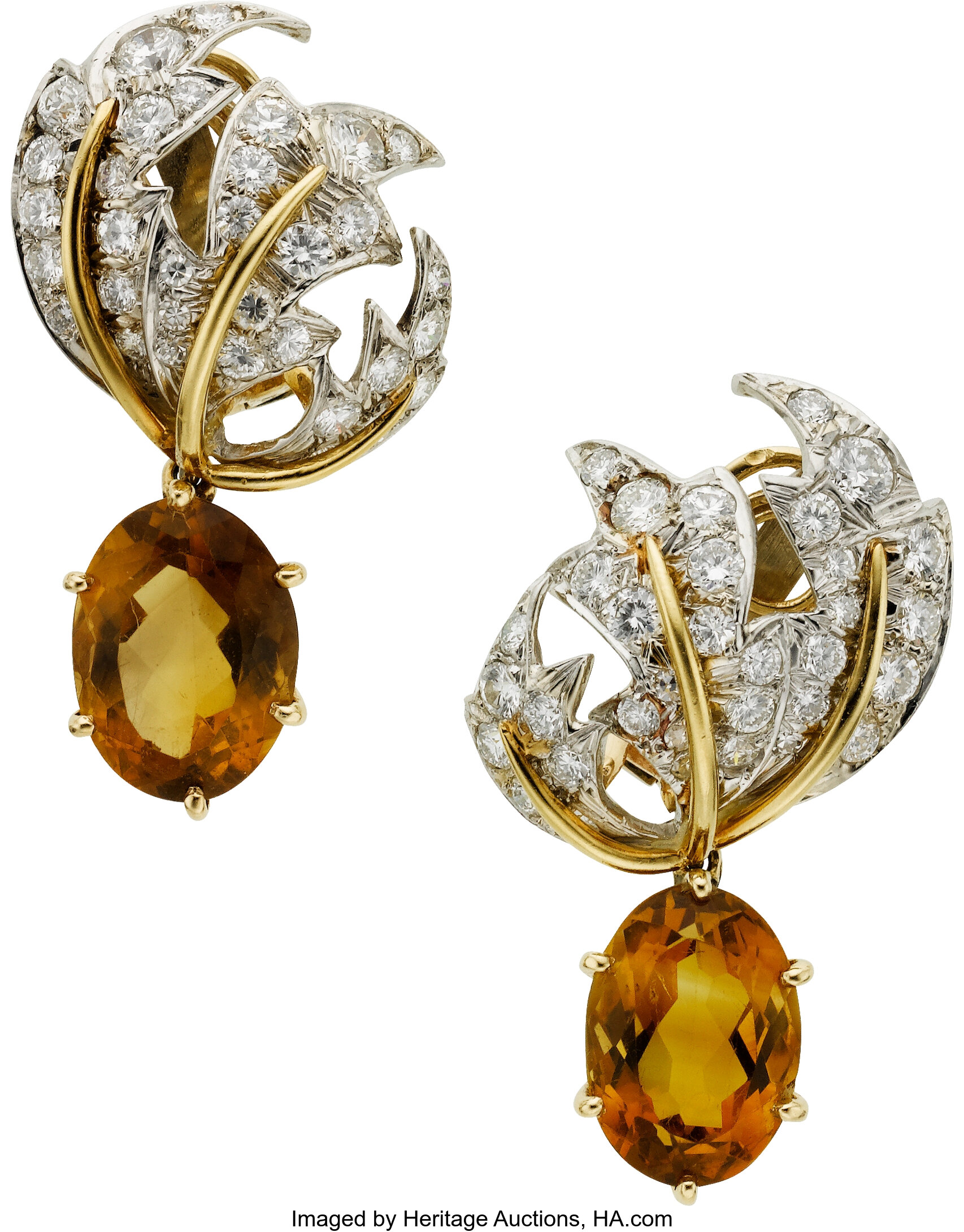 Diamond, Citrine, Gold, Platinum Earrings. ... Estate Jewelry | Lot ...