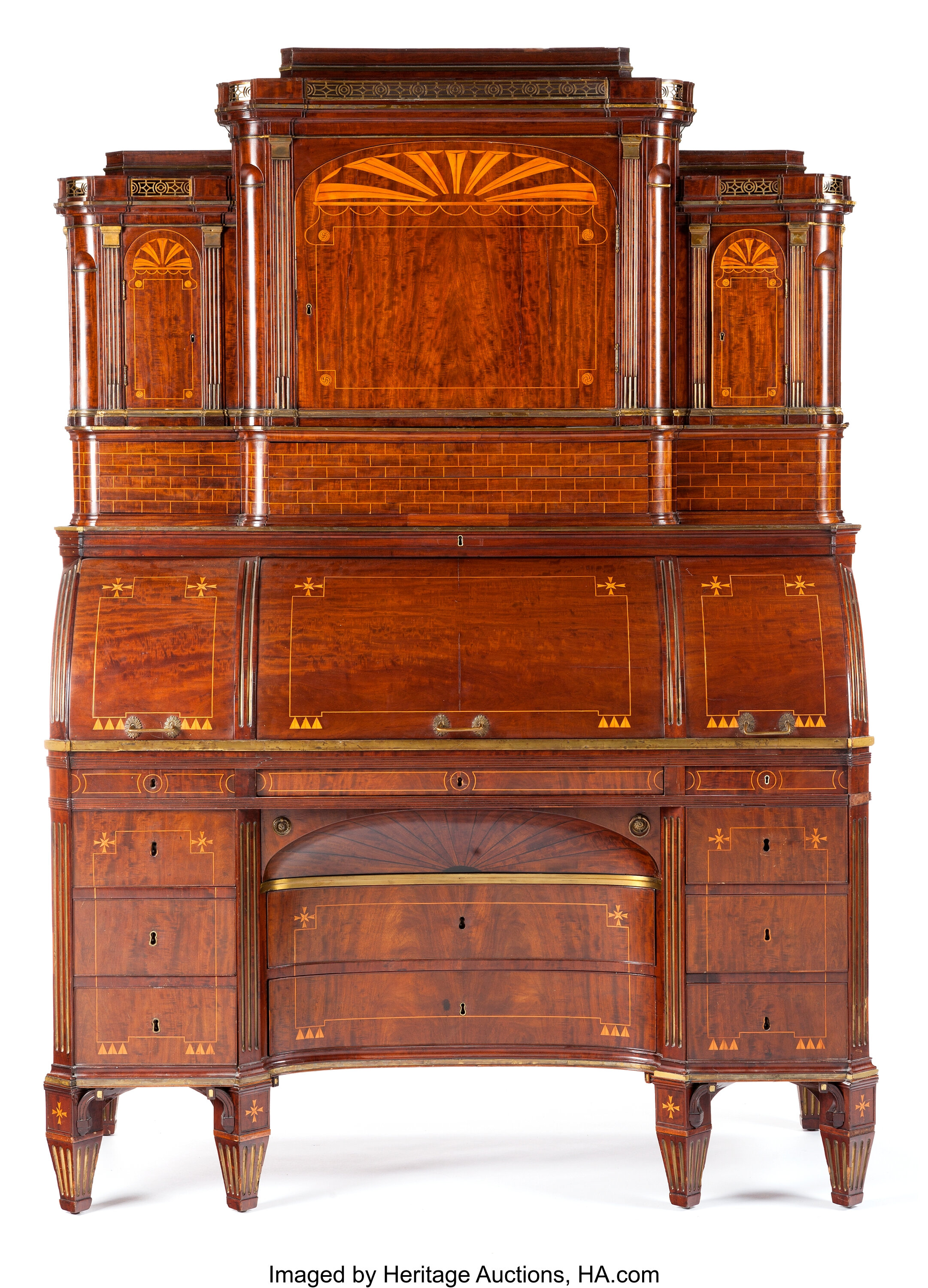 A North German Empire Mahogany Temple Form Triple Roll Top Desk