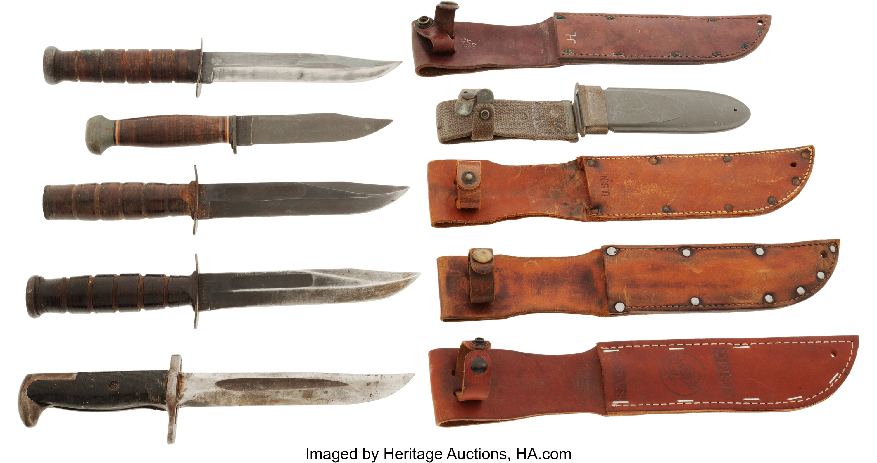 Lot of Five WWII Military Sheath Knives Including U.S.N. Mark I, | Lot ...