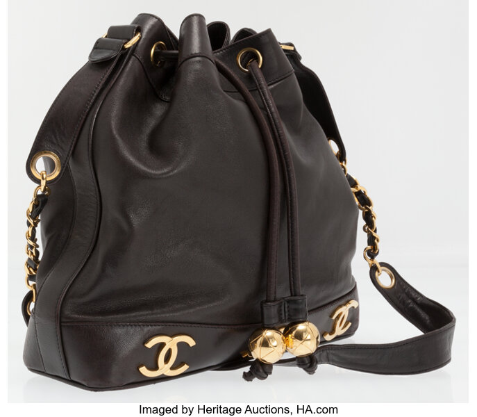 Chanel Black Lambskin Leather Drawstring Bucket Bag with Gold CC