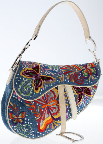Christian Dior 2000s Limited Edition Denim Floral Embroidered Saddle Bag ·  INTO