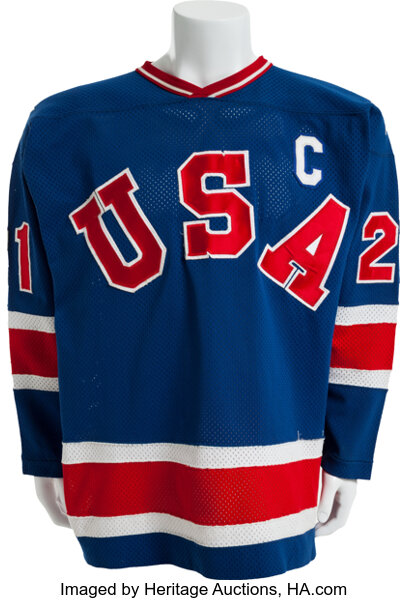 Lelands.com Auctions - The Countdown Continues to The MINT25 Auction! #13  1980 Mike Eruzione Team USA Hockey Gold Medal Winning Game Worn Jersey  (Eruzione Letter) - 20% Ownership Being Sold The MINT25