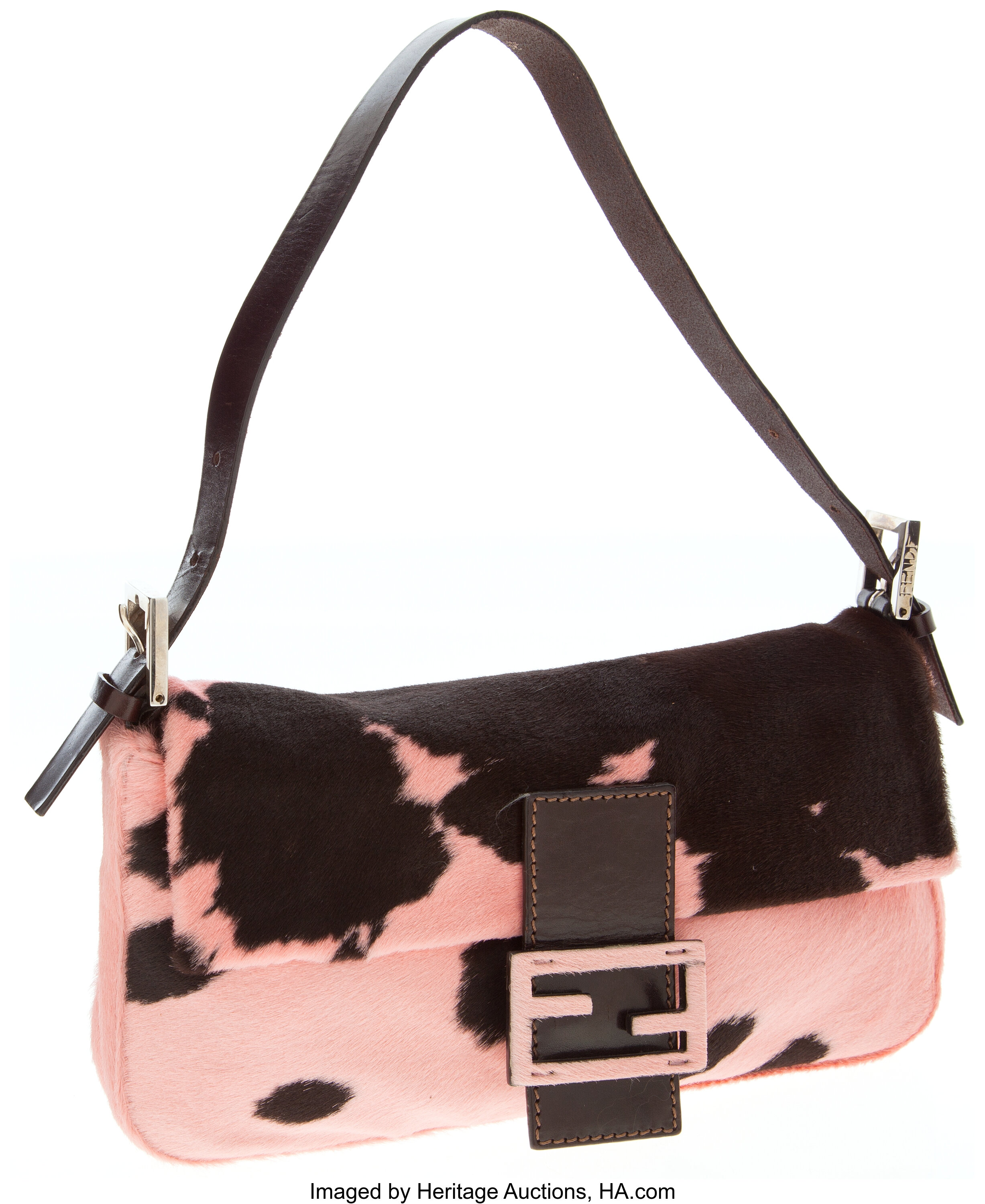 Fendi Pink Mini Baguette Chain Black Leather Pony-style calfskin