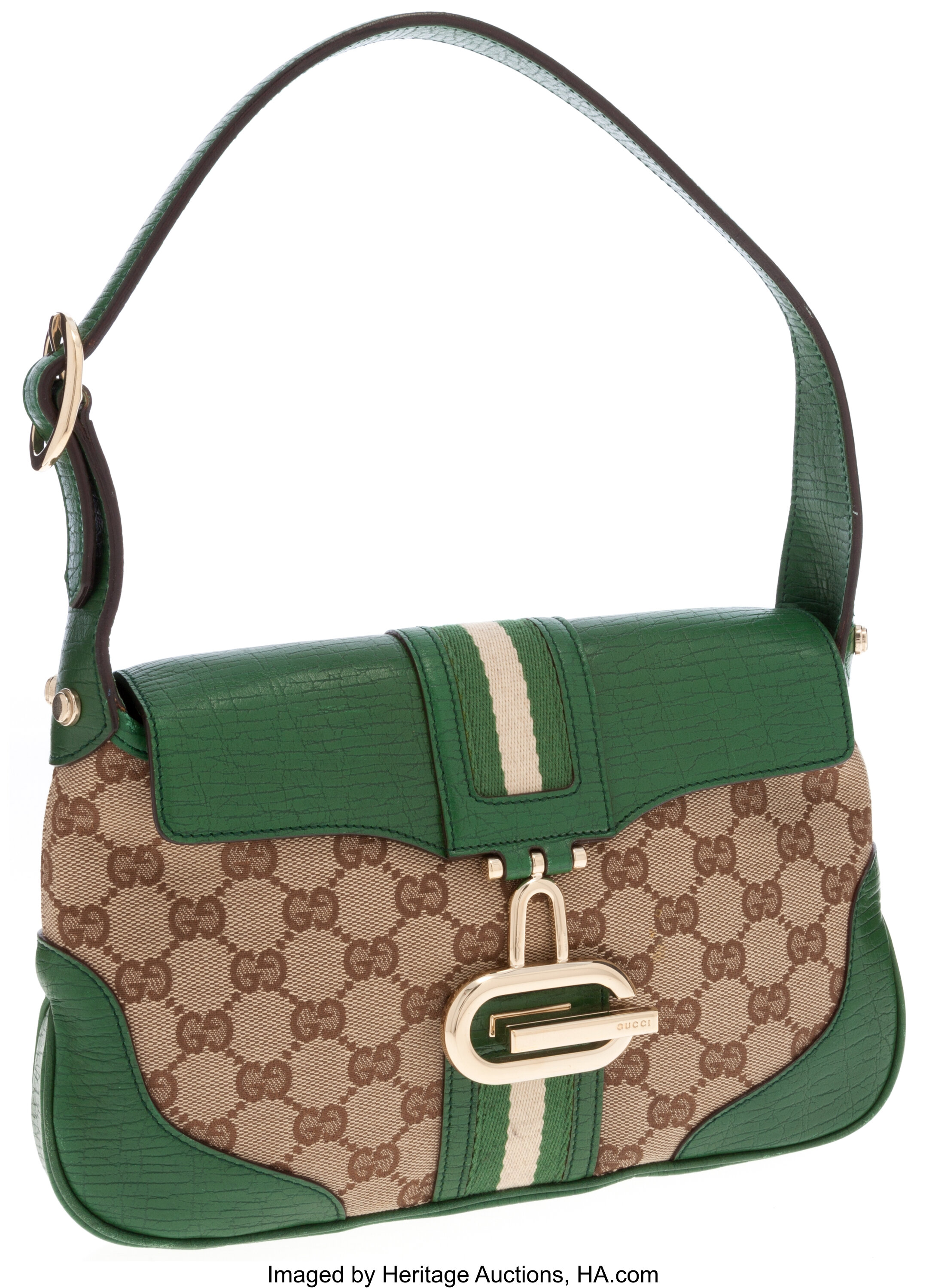 GUCCI SHOULDER BAG GREEN GG MONOGRAM CANVAS GHW - bagnifiquethailand